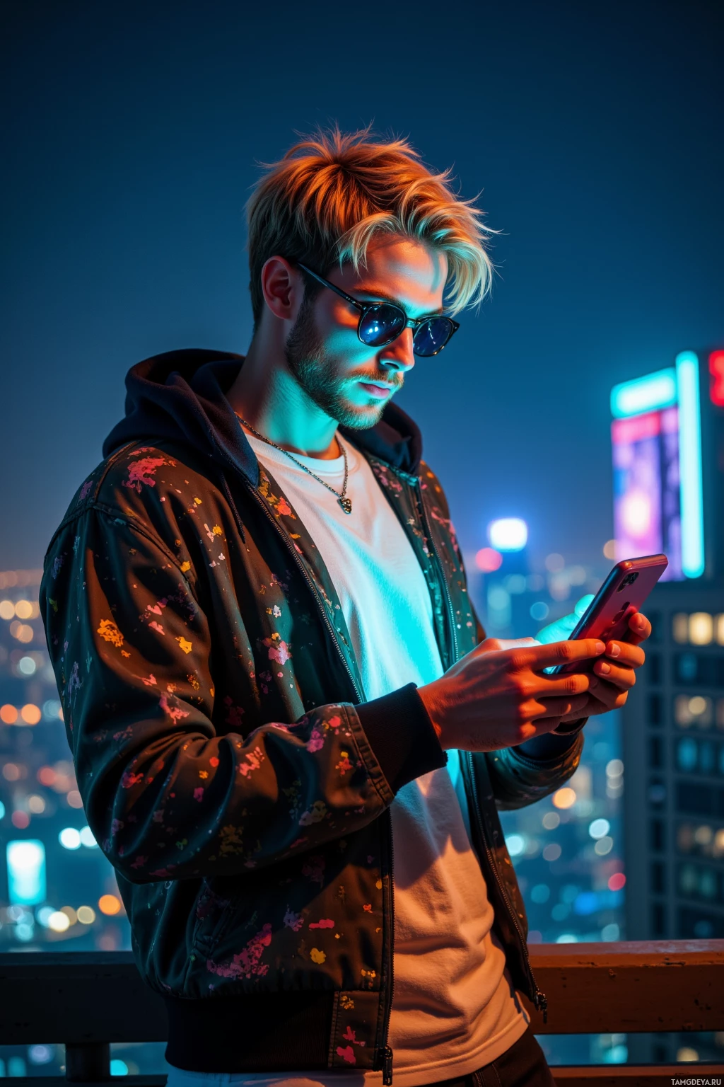 Realistic high quality photo. A 24-year-old man with messy blonde hair and blue eyes, wearing bright patterned streetwear and sleek sunglasses, stands on a rooftop at night, scrolling a glowing smartphone while flickering city lights reflect off his charismatic face amid a digital trend wave.