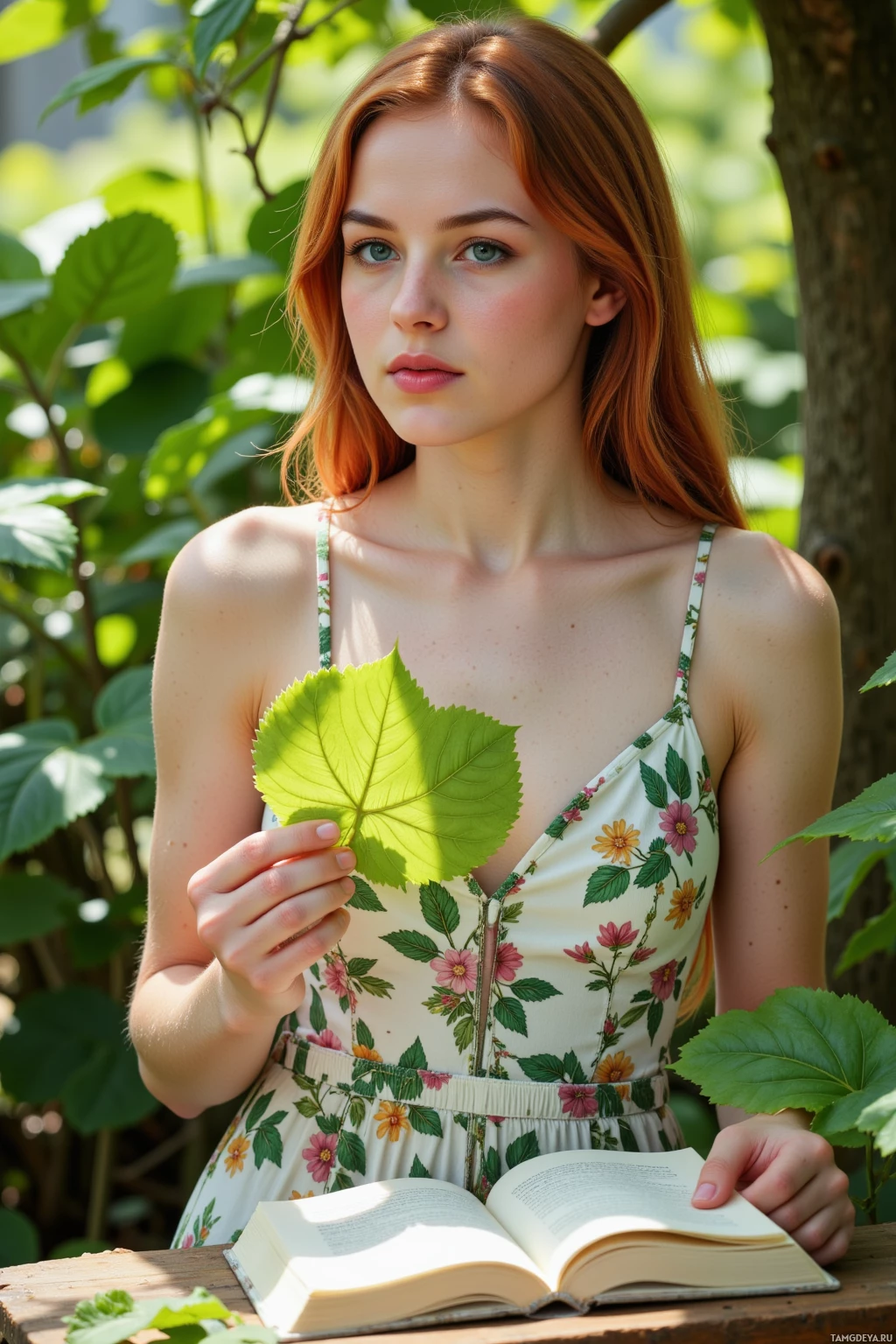 Realistic high quality photo. A 27-year-old woman with bright red loose waves and blue eyes, pale skin, wearing a flowing floral-patterned dress above the knees, stands in a sunlit garden among lush greenery, holding an unfolding green leaf with intricate vein lattice while a notebook lies open beside her, her expression focused yet gentle as she observes botanical patterns.