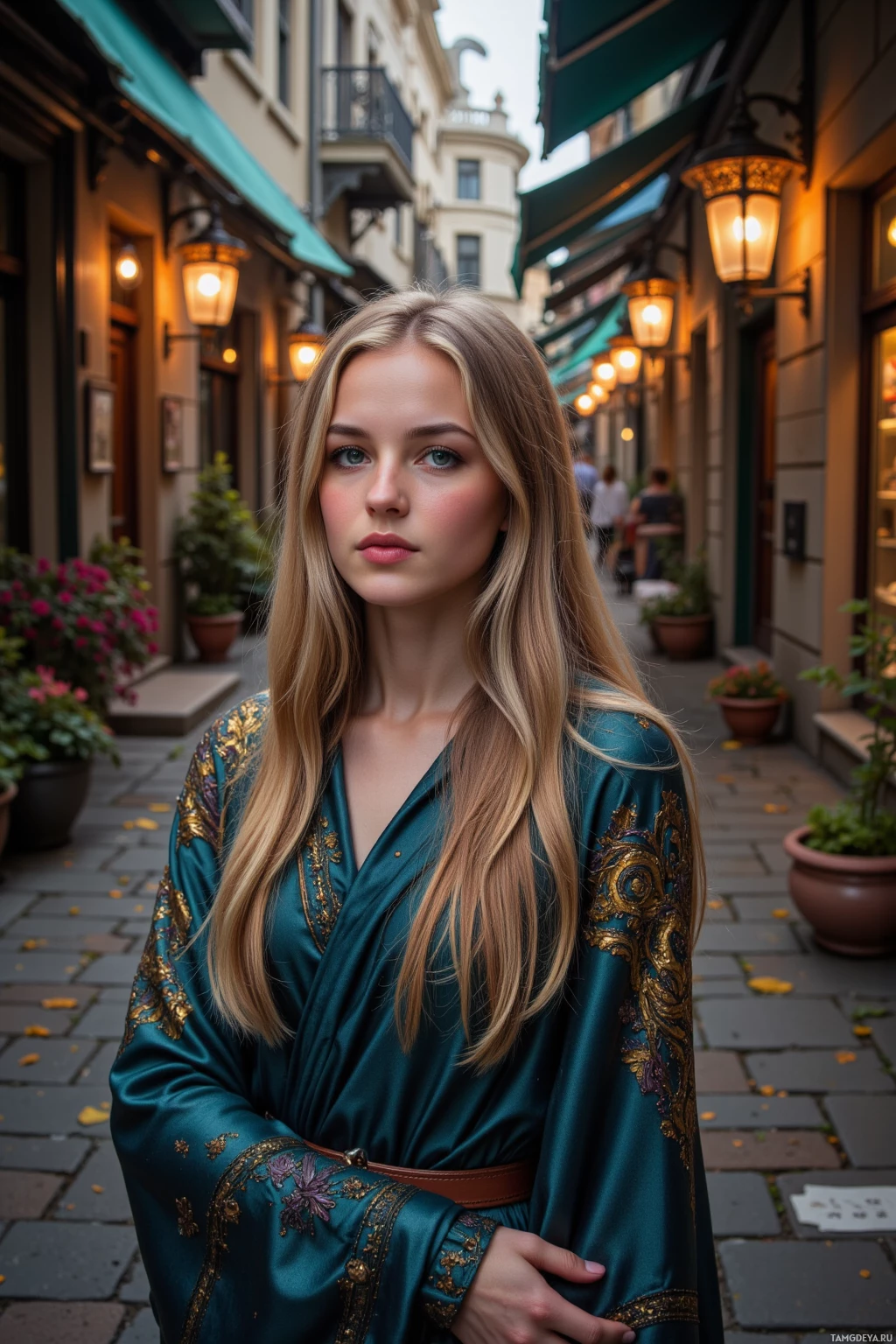 Realistic high quality photo. A 30‑year‑old woman with long flowing blonde hair and piercing green eyes, wearing a shimmering robe that shifts with glowing patterns, stands in a lantern‑lit cobblestone alley of a fantasy bazaar at twilight, gently pulling threads from a tapestry of strangers’ stories while the ancient stone whispers its lullaby.