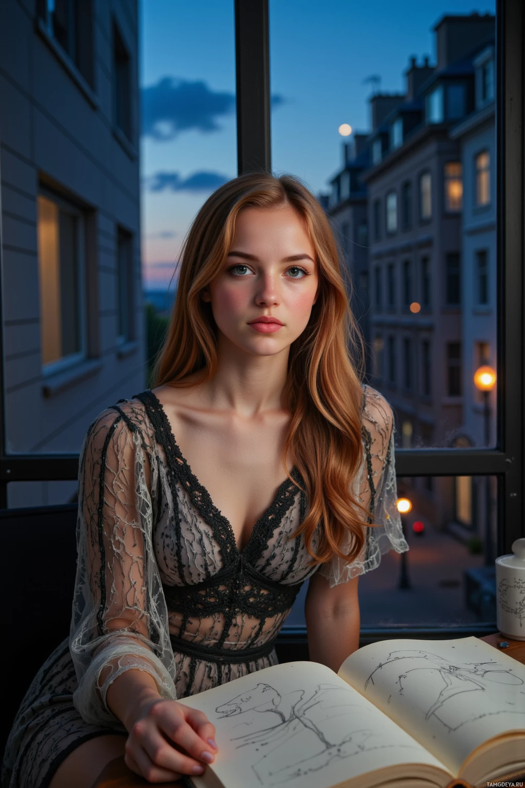 Realistic high quality photo. 24‑year‑old woman with long wavy auburn hair, bright green eyes, porcelain skin, wearing a flowing lace dress, sits at a cracked window in a dimly lit apartment, sketchbook open, streetlights casting ghostly outlines on her paper, late night indigo sky outside, she draws a swirling line.