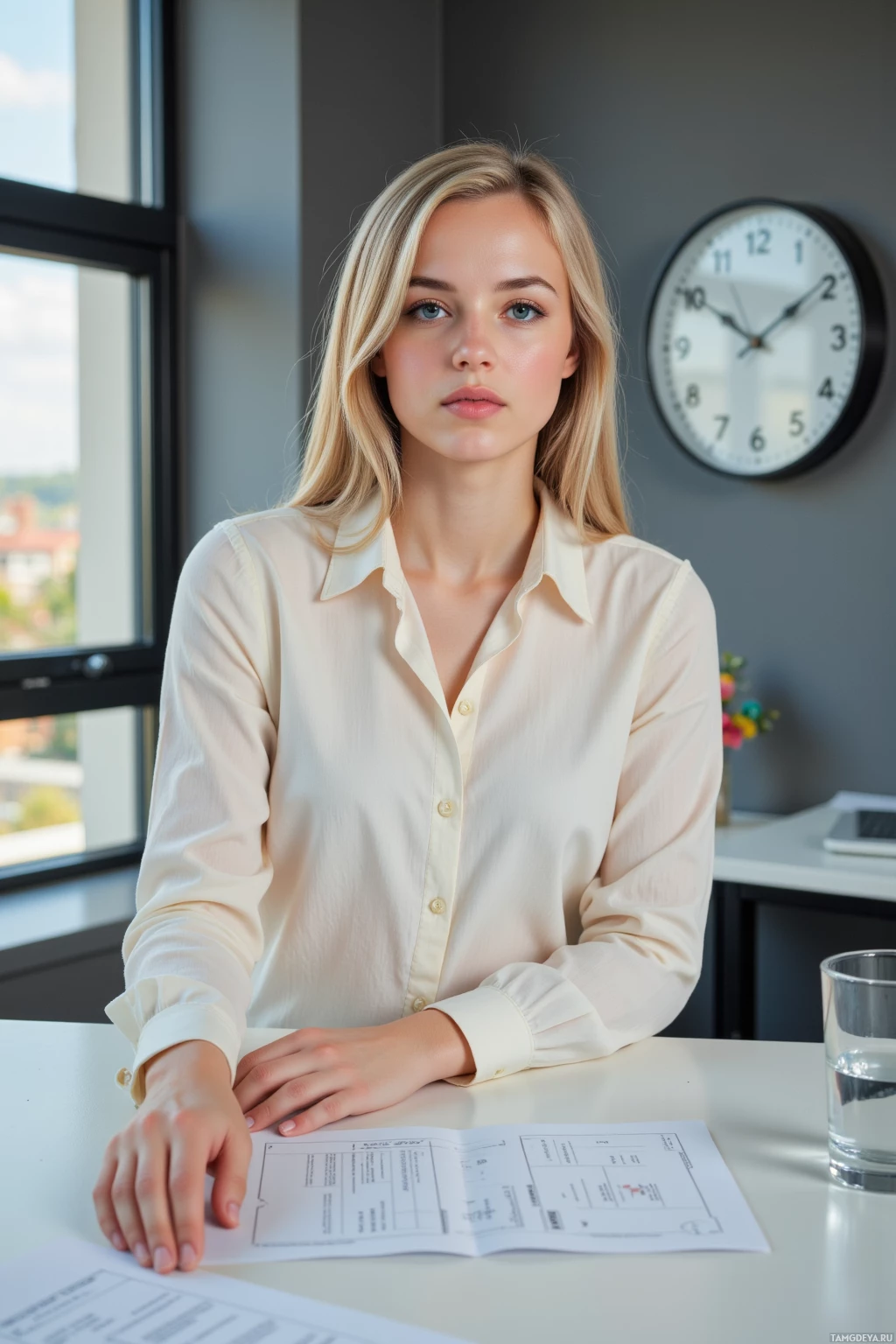 Realistic high quality photo. 27‑year‑old woman with shoulder‑length blonde hair, bright blue eyes, calm expression, light professional blouse standing in a modern office room mapping floor edges with fingertips while aligning them to an analog wall clock’s second hand; a glass of water on a desk shows a ripple and late afternoon sunlight streams through the window.