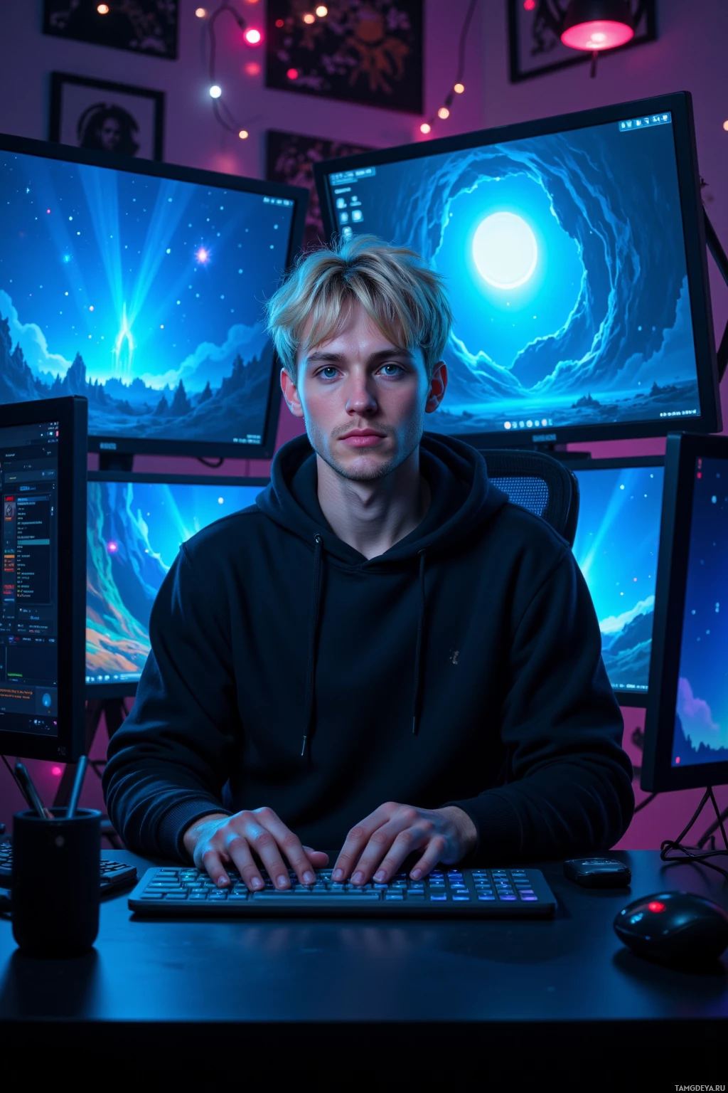 Realistic high quality photo. A 24‑year‑old man with bleach‑blonde fringe, pale skin, bright blue eyes, relaxed yet intensely focused, wearing a casual black hoodie, sits in a night studio surrounded by glowing screens displaying a deep‑blue gradient pixel art canvas, tinkering with the pixels while faint synth hums fill the air.