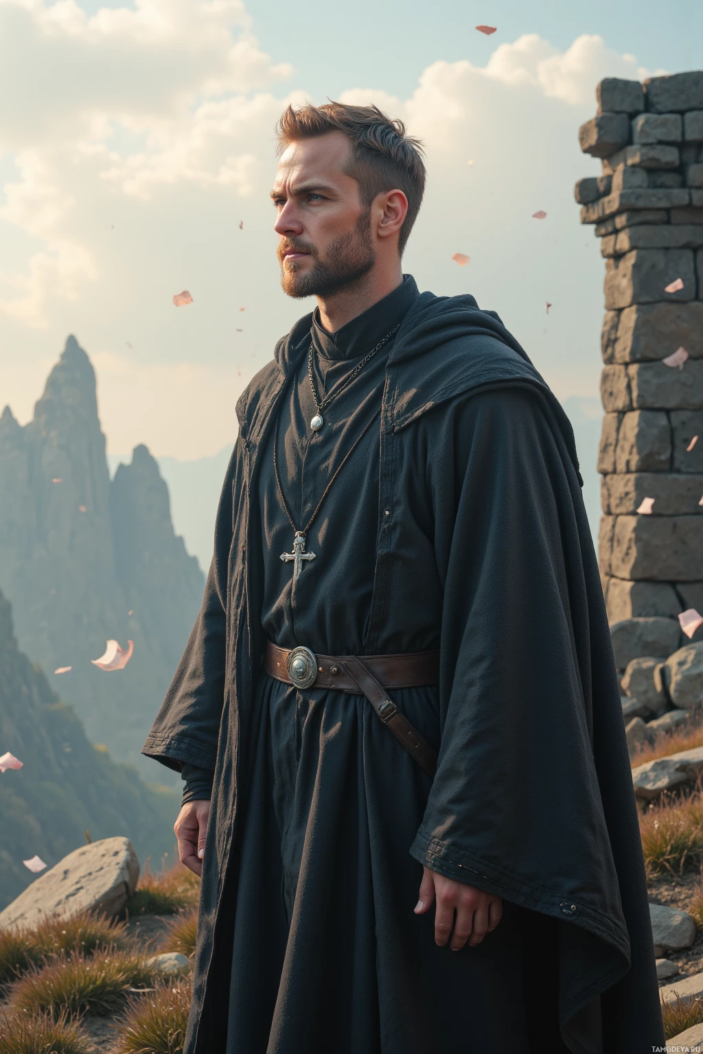 Realistic high quality photo. Calm 45‑year‑old male spiritual leader with short light brown hair, piercing blue eyes, fair skin and slight eyebrow crease, wearing a simple dark clerical robe that falls just above his ankles and a silver cross pendant, standing on a windswept mountain ridge after battle, sage scrolls fluttering like confetti around him as wind whistles through crumbling stone ruins under soft dawn light with a gentle smile.