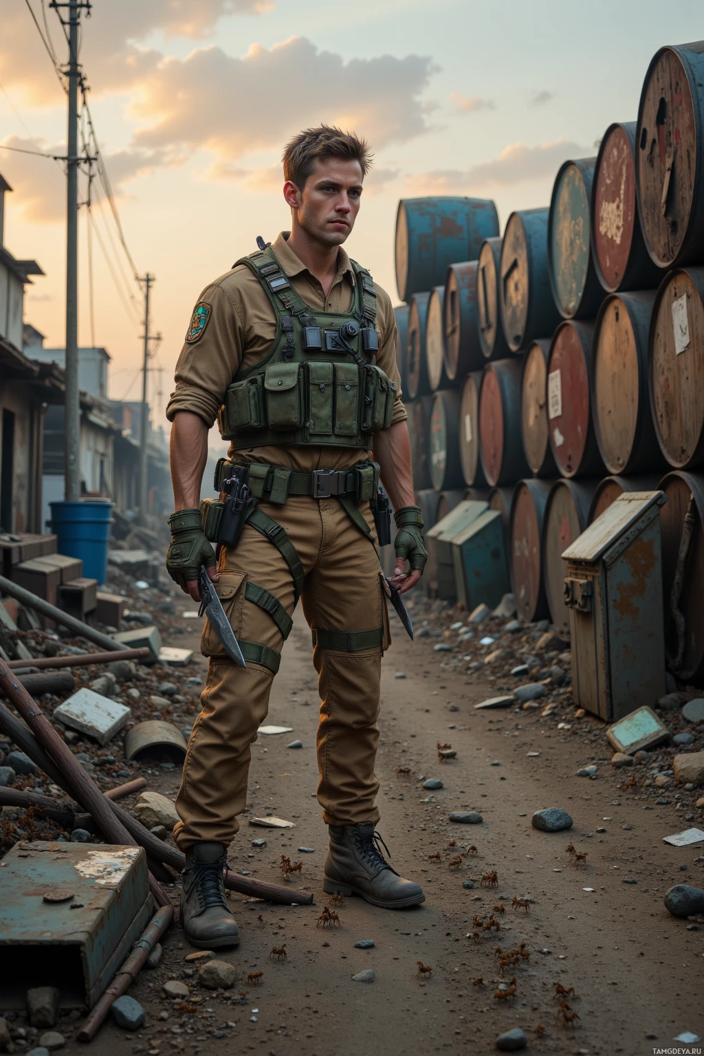 Realistic high quality photo. 29-year-old man with short brown hair and blue eyes, wearing faded tan tactical gear, cargo pants, green utility vest, holding a knife, standing in a junkyard at dusk among stacked barrels, broken steel and glass, with ants marching along a path and a rainwater trap device, wind blowing, post‑apocalyptic setting