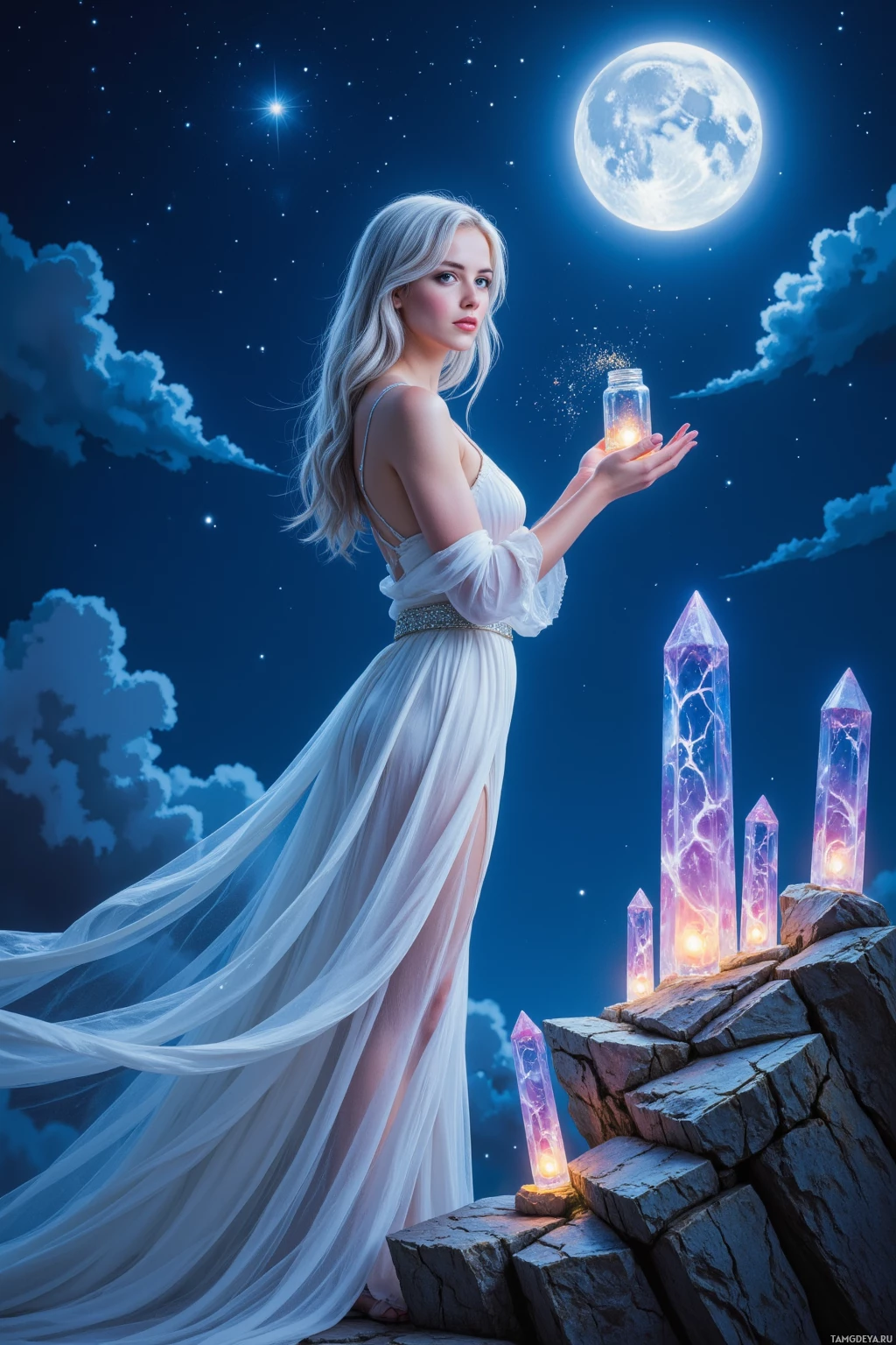 Realistic high quality photo. A 23‑year‑old woman with silver-blue loose waves, bright blue eyes and porcelain skin in a flowing ethereal gown stands beside the glowing moon on a craggy cliff, holding a tiny jar of stardust while nearby crystals pulse as an enchanted DJ booth, wind rustling silver threads under a midnight sky of constellations.