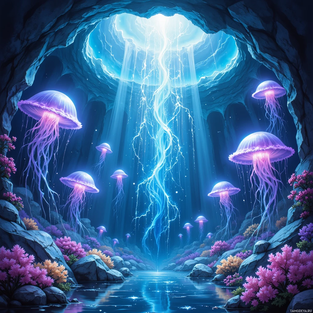 Semi-abstract image with many empty light space at center of beautiful background, that is suitable for the post:  Ideas bloom like phosphorescent jellyfish, shimmering inside the glassy corridors of my meticulous dreamscape.