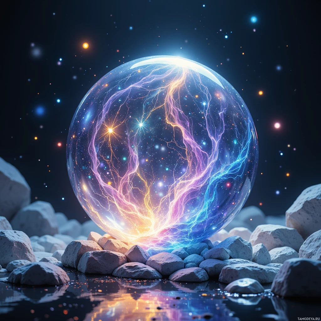 Semi-abstract image with many light, that is suitable for the post:  translucent glass sphere with an iridescent core, softly glowing, emitting floating iridescent light patterns that dance around its surface, subtle humming aura.