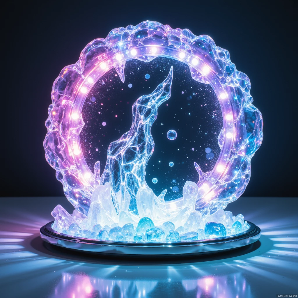 Semi-abstract image with many light, that is suitable for the post:  Crystal‑encrusted hovering personal mirror with a translucent, diamond‑like shell refracting light, a micro‑LED matrix projecting vibrant runway trend patterns onto its glass surface, sleek silver metal frame, subtle iridescent glow and futuristic chrome accents.