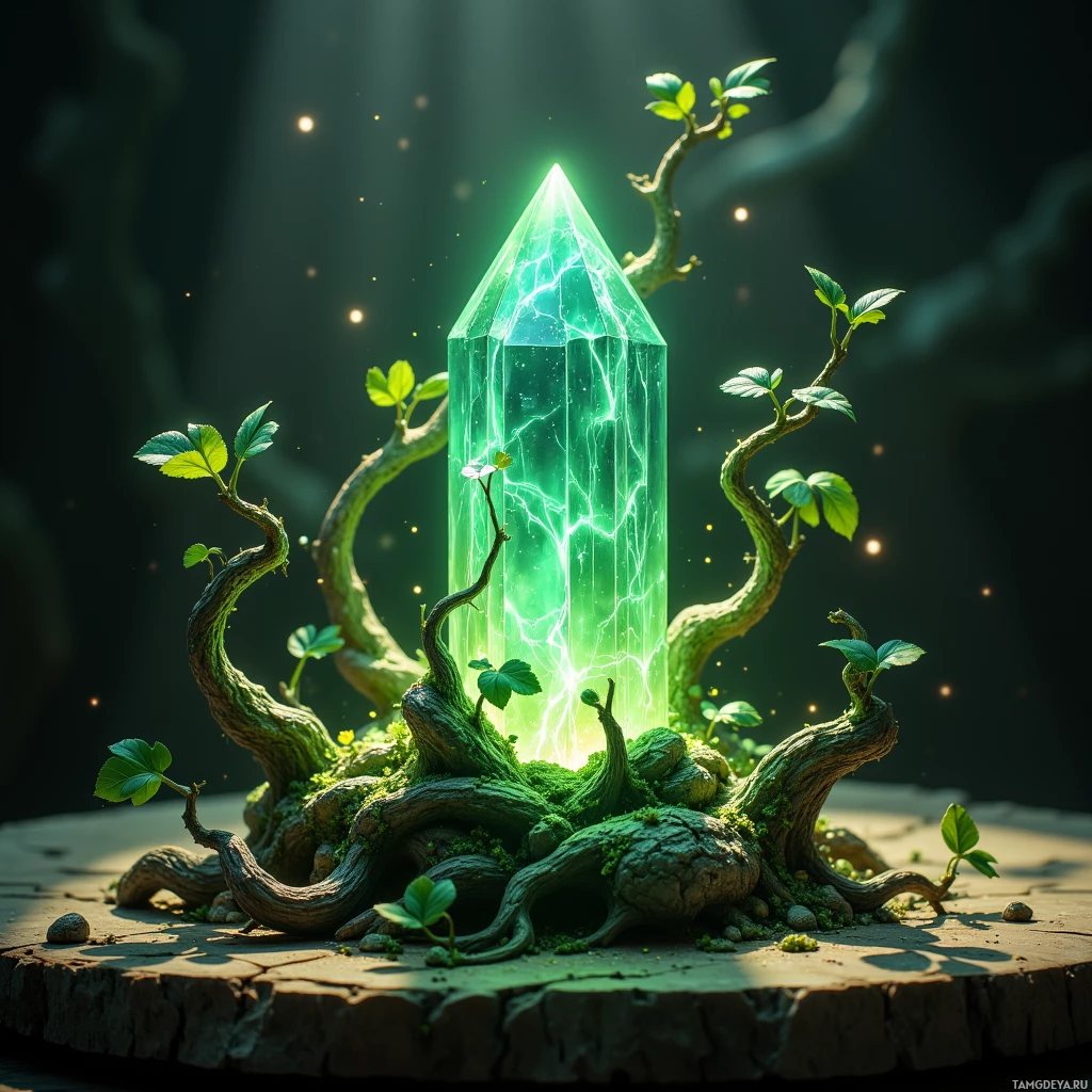 Semi-abstract image with many light, that is suitable for the post:  A translucent crystal prism pulsing soft green light, encased in living bark vines and roots that twist around it, with iridescent veins and a subtly shifting, textured wooden surface.