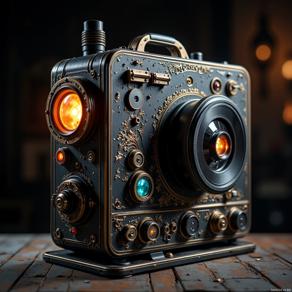 Semi-abstract image with many light, that is suitable for the post:  A matte black antique projector with intricate brass filigree on its chassis, a prominent jump cut dial, a large 70mm lens with adjustable perspective, film grain emulation controls, and analog audio output ports, rendered in high detail.