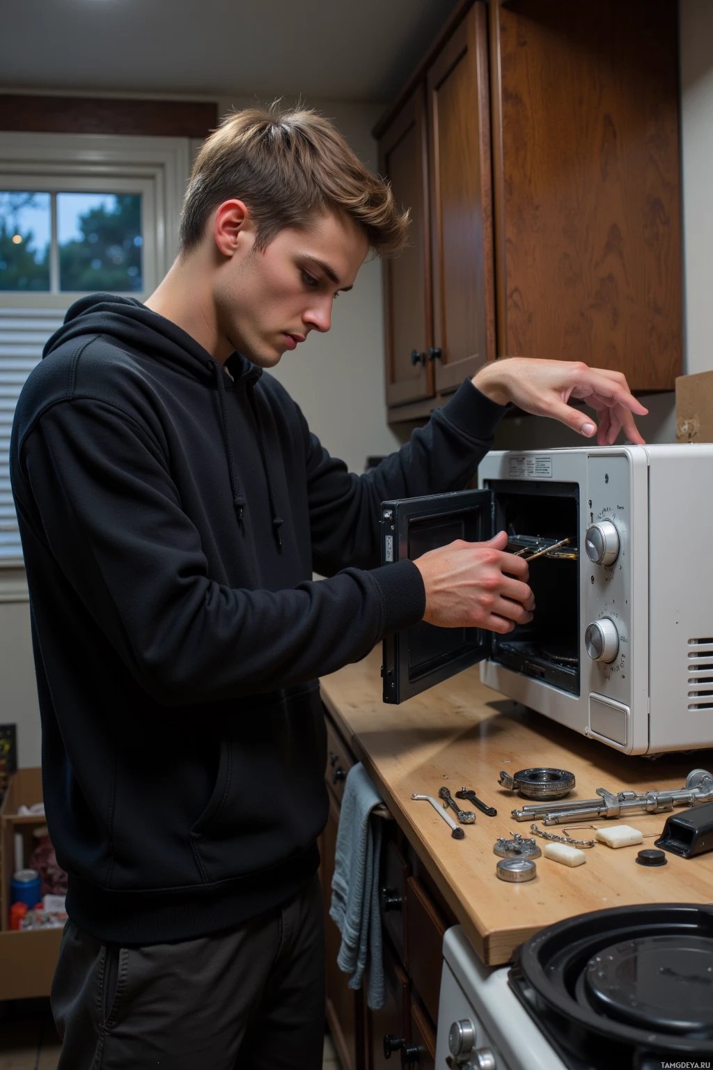 Realistic high quality photo. Male, early twenties, short light brown hair, blue eyes, wearing a simple black hoodie and loose casual pants, is reassembling a broken microwave on a cluttered kitchen counter at dusk, surrounded by organized spare parts in a box with dust visible in the vents.