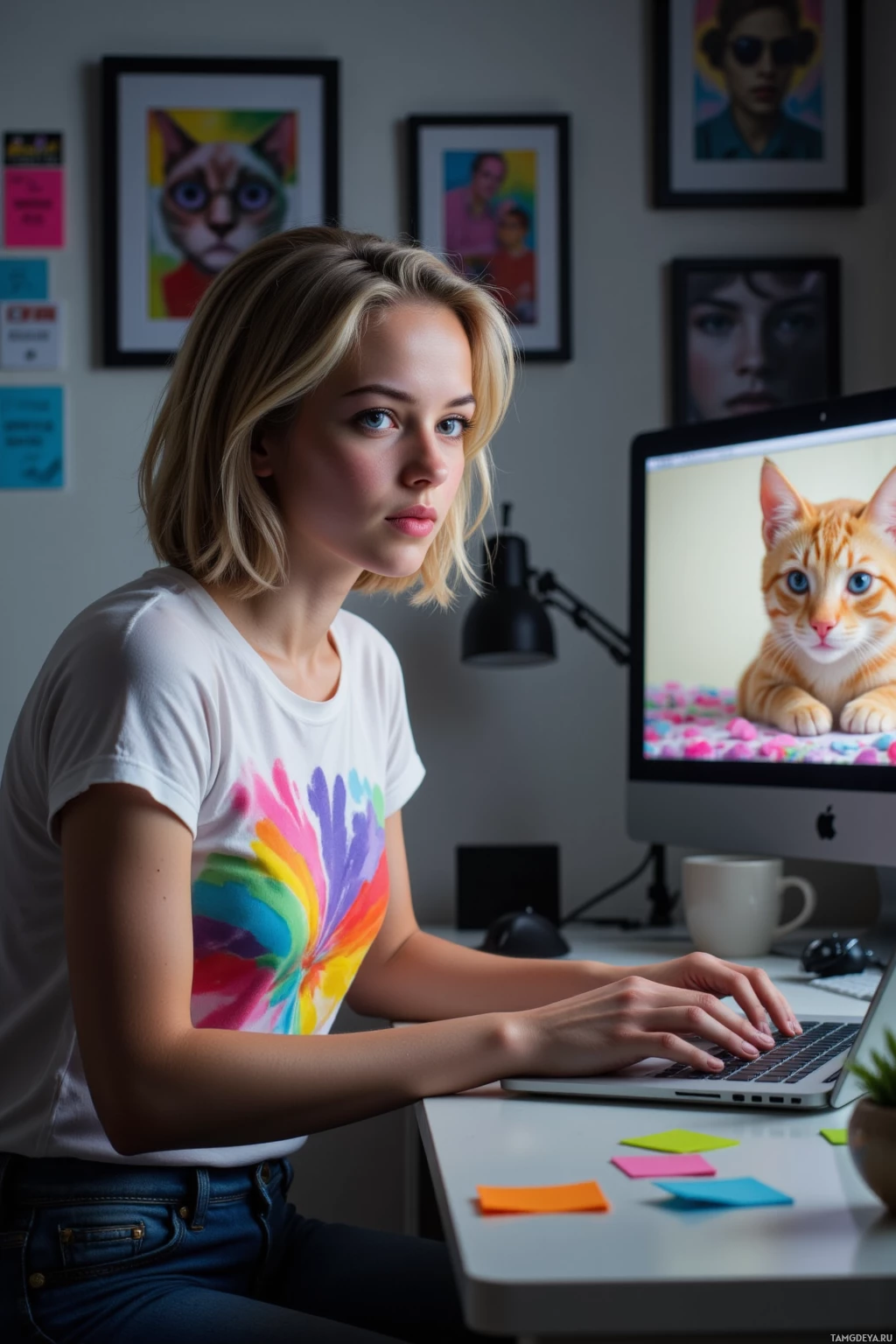 Realistic high quality photo. A 24‑year‑old woman with short messy blonde hair, bright blue eyes, smooth white skin, wearing a colorful graphic t‑shirt and casual jeans, sitting at a modern desk in a home office at night, scrolling through a laptop with meme drafts while a cat video loops on a second screen, surrounded by sticky notes and a coffee mug, her expression focused yet distracted, radiating unstoppable meme‑making energy.