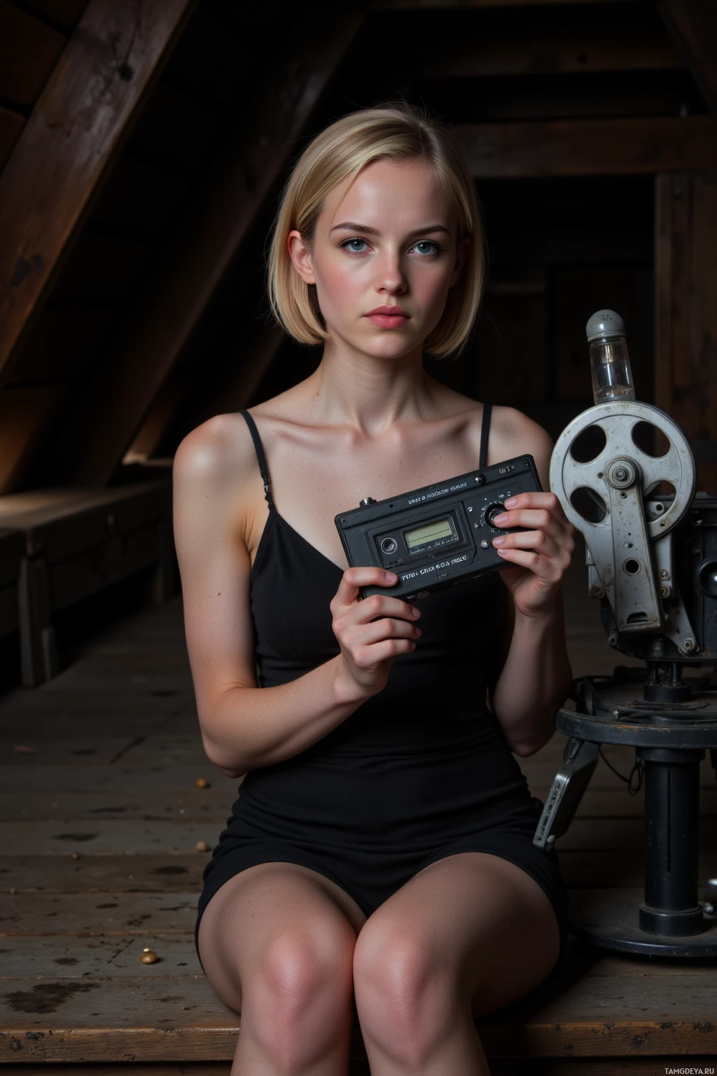 Realistic high quality photo. Female, 40, short blonde hair, blue eyes, pale skin, wearing a sleek black dress, seated in a dim attic loft with exposed wooden beams, holding a vintage cassette player beside an old projector bulb and a reel of a 1978 Russian art‑house film, her gaze focused and slightly strained as the flickering light casts long shadows across the dusty floor.