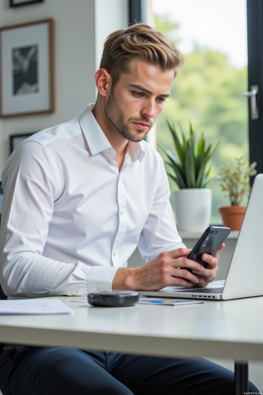 Realistic high quality photo. Male, 29, neat blonde hair, calm serious expression, sharp eyes, wearing a crisp white shirt and dark trousers, sits at a modern office desk in the afternoon, intently scrolling a phone widget displaying a snack‑tracker spreadsheet while a laptop and a tidy desk with minimalistic office décor lie beside him, focused and efficient.