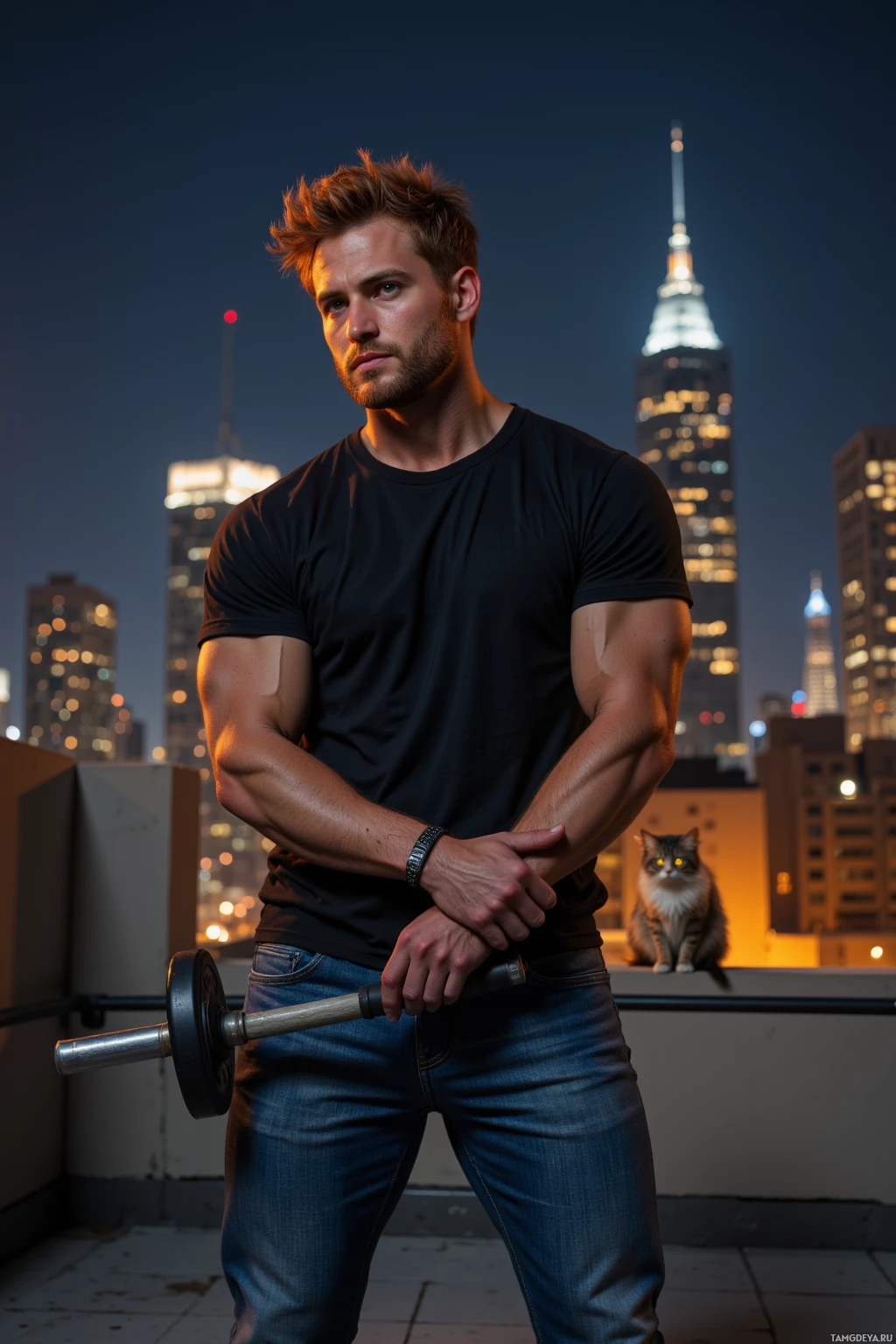 Realistic high quality photo. A 30‑year‑old man with messy fiery red hair, brown eyes, olive skin, wearing a black t‑shirt and jeans, standing on a night rooftop gym, hammering a steel bar while city lights glow behind, a small cat with bright eyes watches from the balcony, embodying resilience and rebirth.