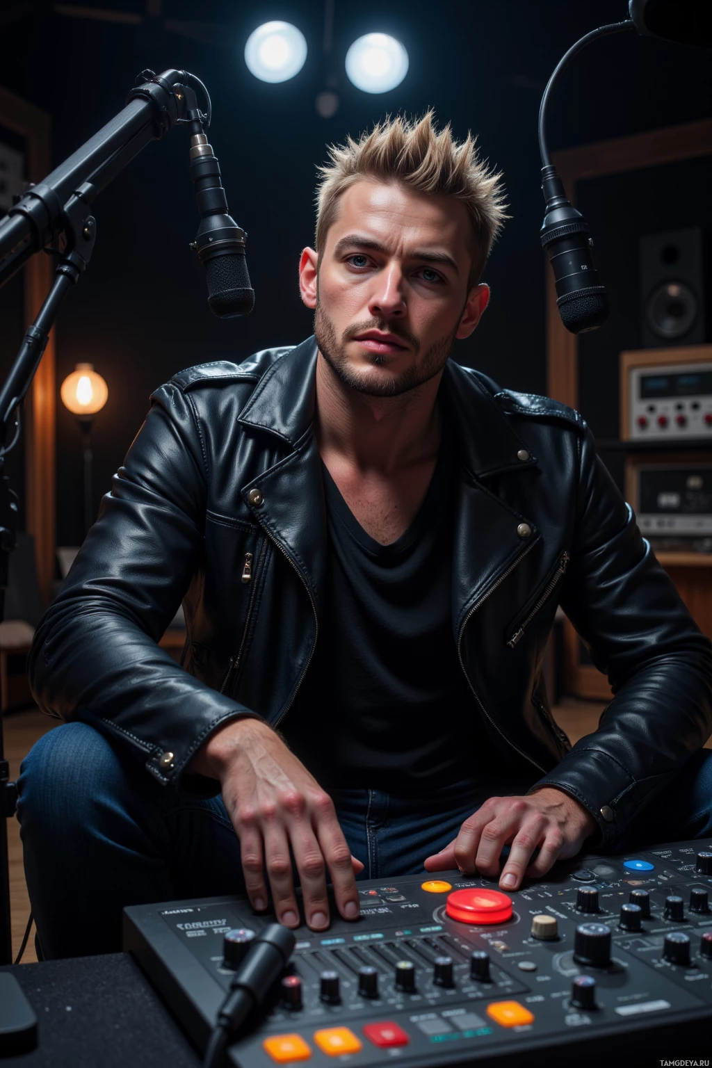 Realistic high quality photo. Rugged 32‑year‑old man with spiked blonde hair and piercing blue eyes, wearing a black leather jacket and dark jeans, sits in a dimly lit studio at night, pressing the red record button on a digital console surrounded by microphones, headphones, and mixing equipment.