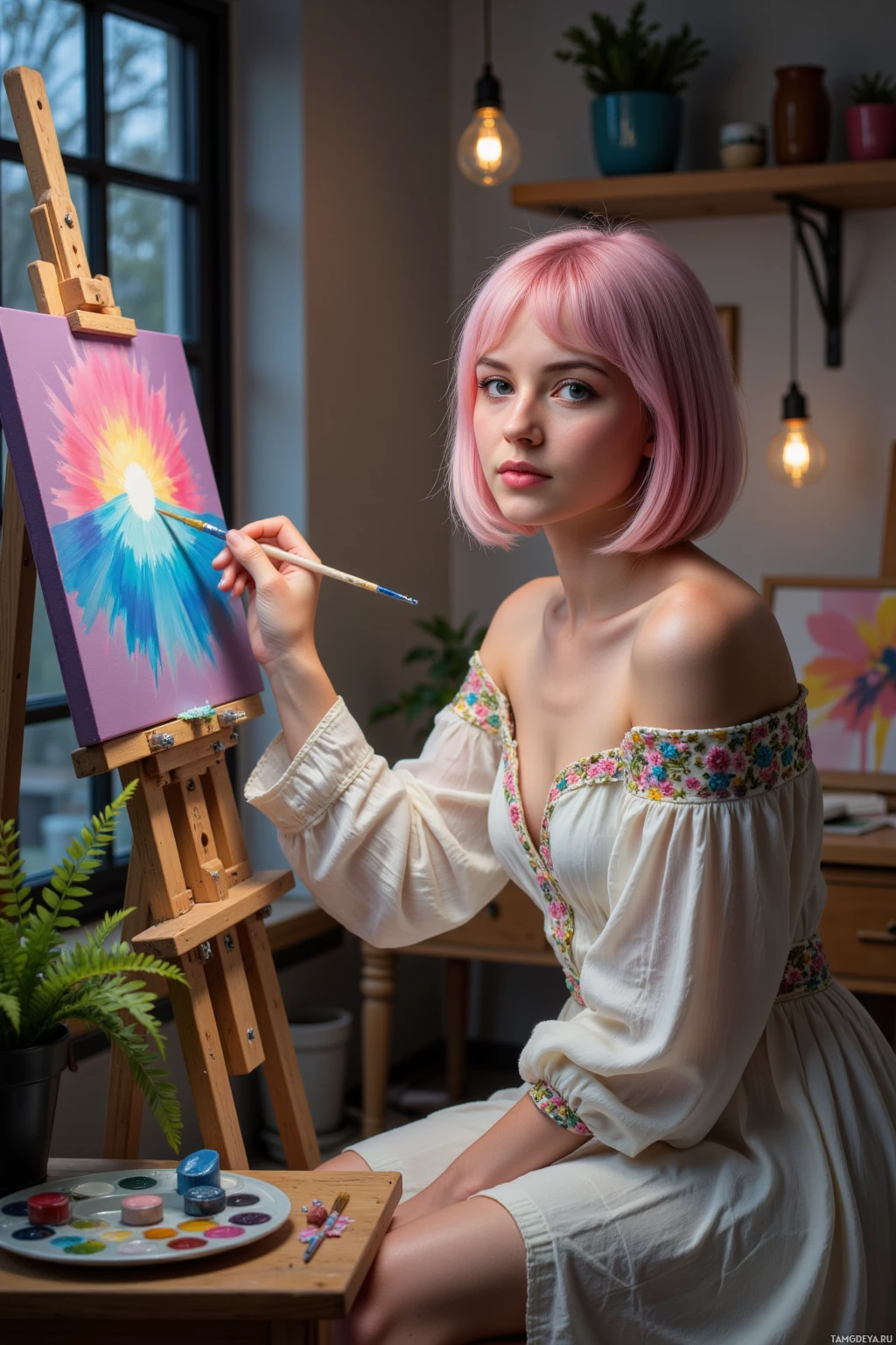 Realistic high quality photo. Woman with pastel pink bob hair, blue eyes, porcelain skin, heart-shaped face wearing a flowy embroidered bohemian dress sits at an easel in a softly lit modern studio at night, pausing over a bright brushstroke on an unfinished canvas surrounded by brushes, palette, scattered paint tubes and a small potted fern.