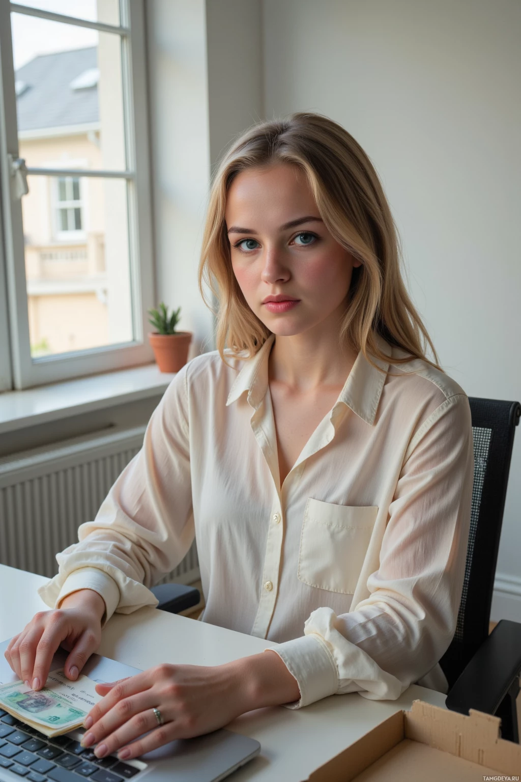 Realistic high quality photo. 29‑year‑old woman with long blonde hair and bright blue eyes, slender build, wearing a light flowing blouse and fitted jeans, seated at an office desk in a softly lit modern room, scrolling through an antique catalog on her laptop while a half‑finished £20 bill lies beside her, an open shoebox labeled “maybe later” nearby, afternoon sunlight filtering through blinds, the atmosphere reflecting her thoughtful, story‑weaving mood.
