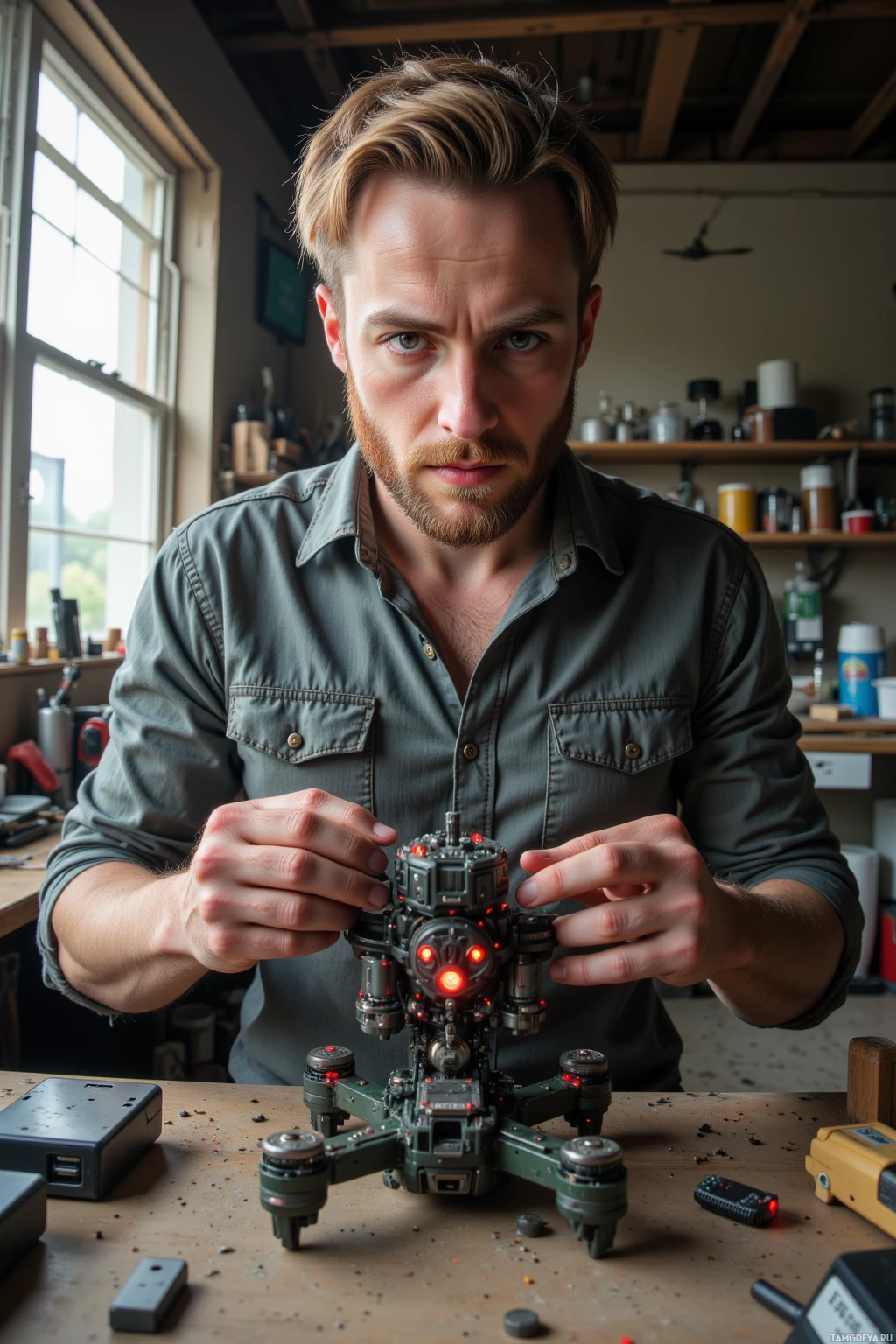 Realistic high quality photo. Male, 34, blonde hair, blue eyes, pale skin, neat beard, wearing a casual button‑down shirt, disassembling a discarded drone on a workbench in a cluttered garage, exposed circuitry and blinking red LEDs, sunlight filtering through a dusty window, afternoon light.