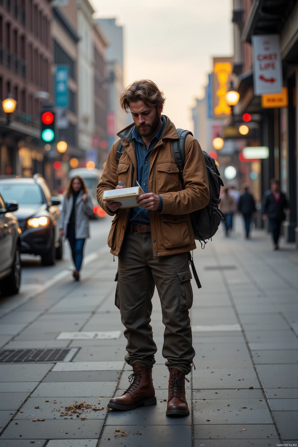 Realistic high quality photo. A 28-year-old man with light brown hair and a beard, wearing rugged earth-toned outdoor clothes and sturdy boots, standing on a city sidewalk at dusk, tracing lazy shadows on the pavement with a sketch pad while traffic lights blink rhythmically and the urban street hum surrounds him.