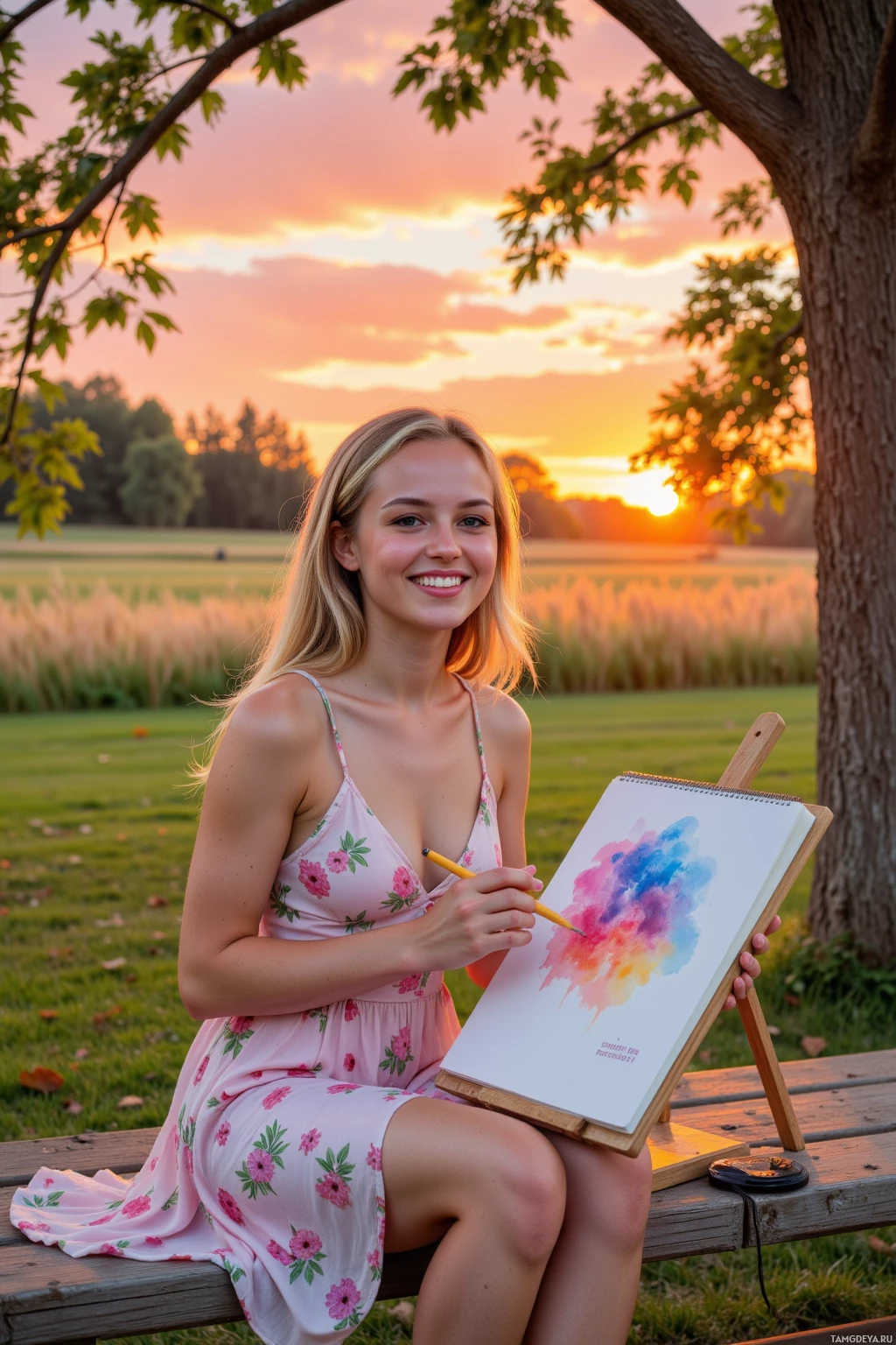 Realistic high quality photo. A 22‑year‑old woman with blonde loose waves, bright blue eyes, sun‑kissed skin, wearing a flowing floral dress, sits on a wooden bench under an old maple tree at sunset, laughing while sketching a cotton‑candy‑colored cloud in watercolor on a sketchbook, with the sky glowing in vibrant orange and pink hues.