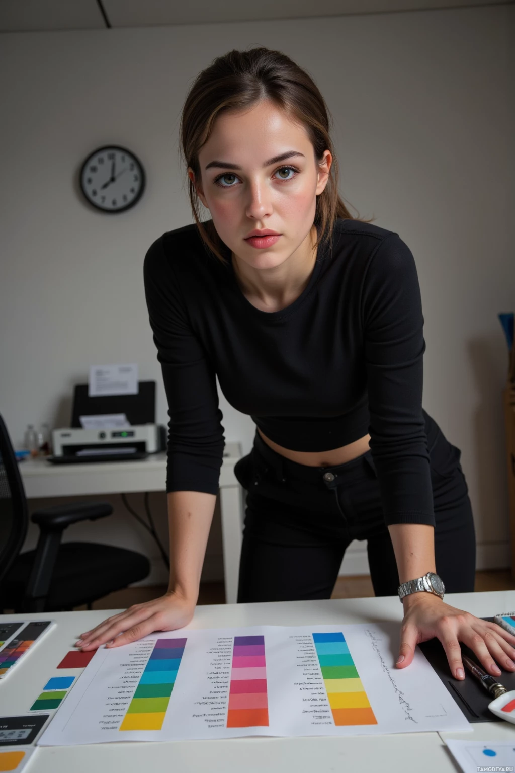 Realistic high quality photo. Modern office interior at night: a 30‑year‑old woman with dark brown hair in a sleek low ponytail, deep brown eyes, porcelain complexion, wearing a black fitted top and matching trousers, elegant heels, and a silver watch, hunched over a desk cluttered with a Pantone color sheet, open sketchpad, ink-draining printer, wall clock ticking, her expression tense as she refines the mood board for a spring campaign.