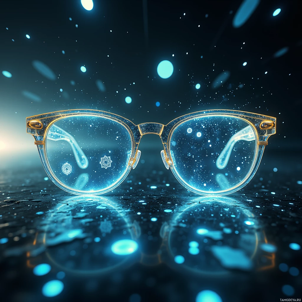 Semi-abstract image with many light, that is suitable for the post:  Transparent vintage-style spectacles with thin gold chrome frames, clear glass lenses featuring subtle holographic overlays of floating AR icons, and fine silver nano-circuitry etched into the lens edges that glow softly in electric blue.