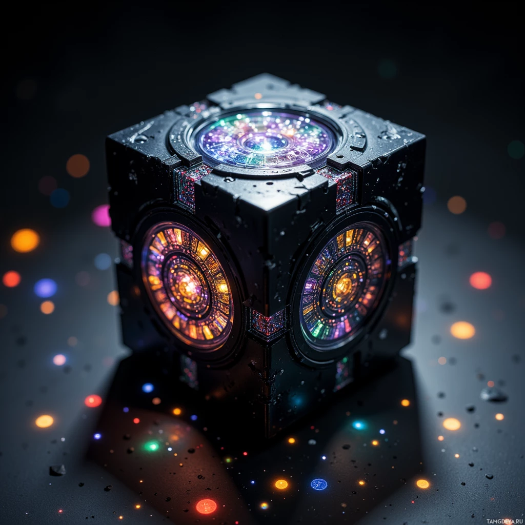 Semi-abstract image with many light, that is suitable for the post:  Matte black obsidian cube with iridescent micro-surface and nano‑etched lattice that refracts shifting light patterns, hidden compartments pulsing low‑energy glow, facets rearranging with gaze, and a tactile puzzle interface.