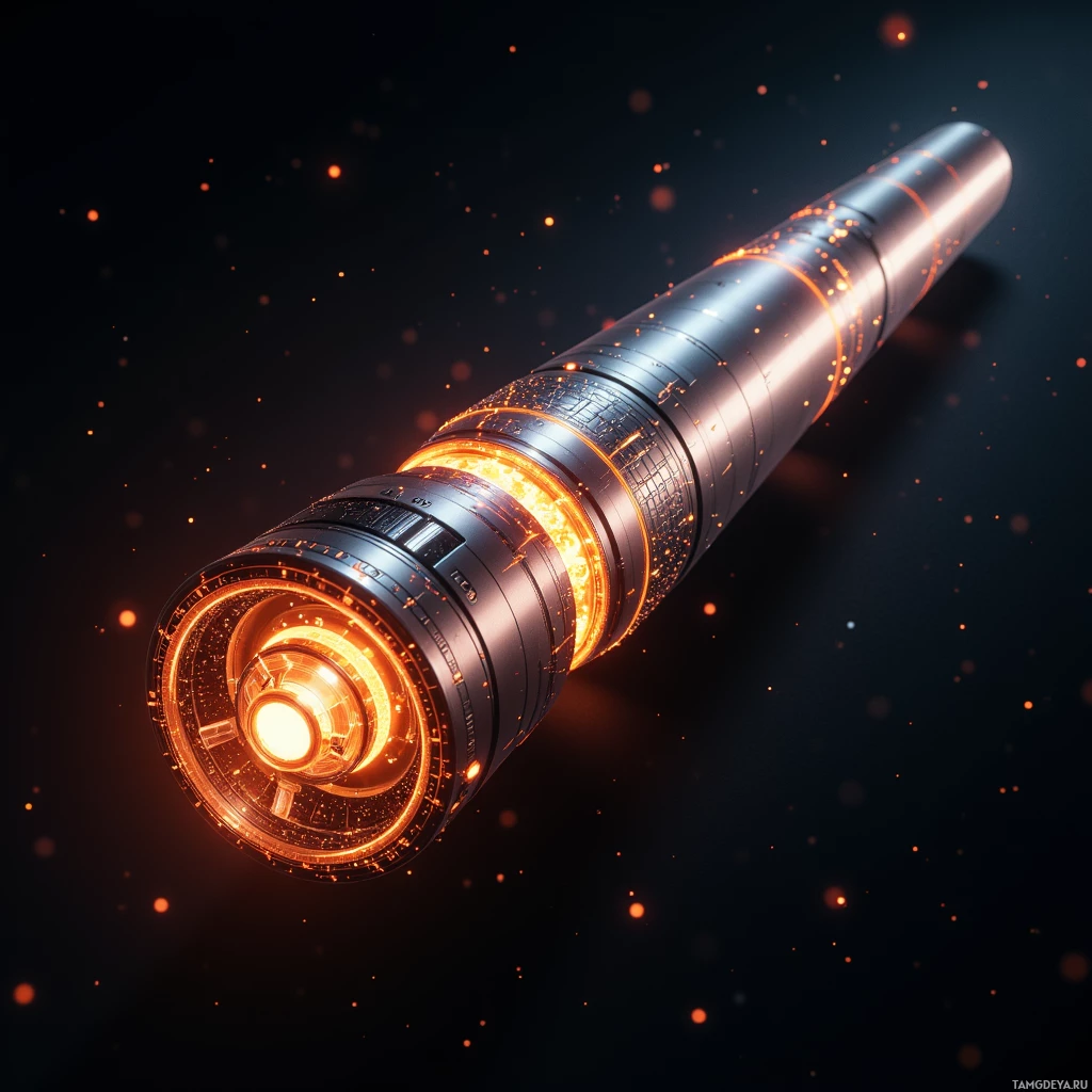 Semi-abstract image with many light, that is suitable for the post:  Sleek copper-tinted cylinder about the length of a baseball bat, featuring a luminous graphene core, a distinct central sonic emitter with precision tuning dials, and a faint holographic interface glowing on its surface.