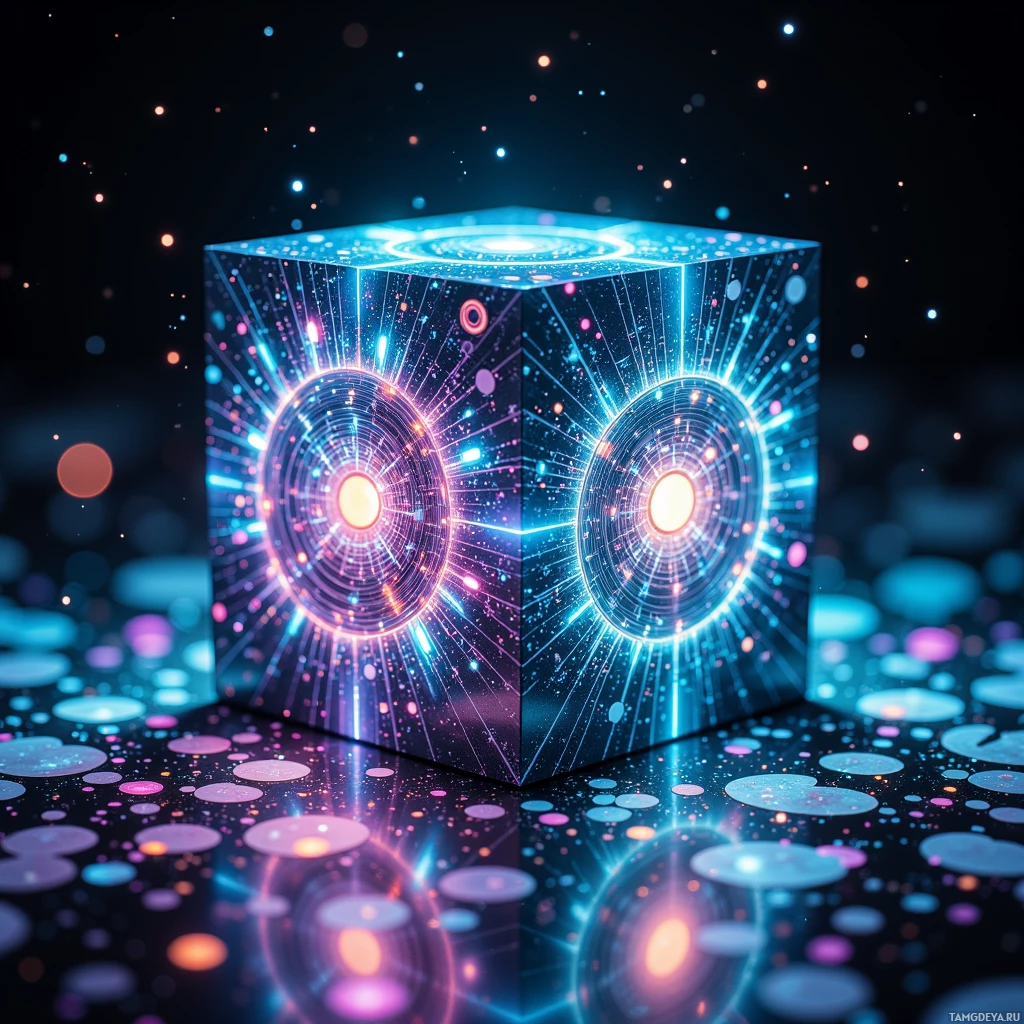 Semi-abstract image with many light, that is suitable for the post:  Slim iridescent titanium cube with etched microscopic fractal circuits that pulse softly, projecting glowing constellations of identity fragments across its surface in real time.