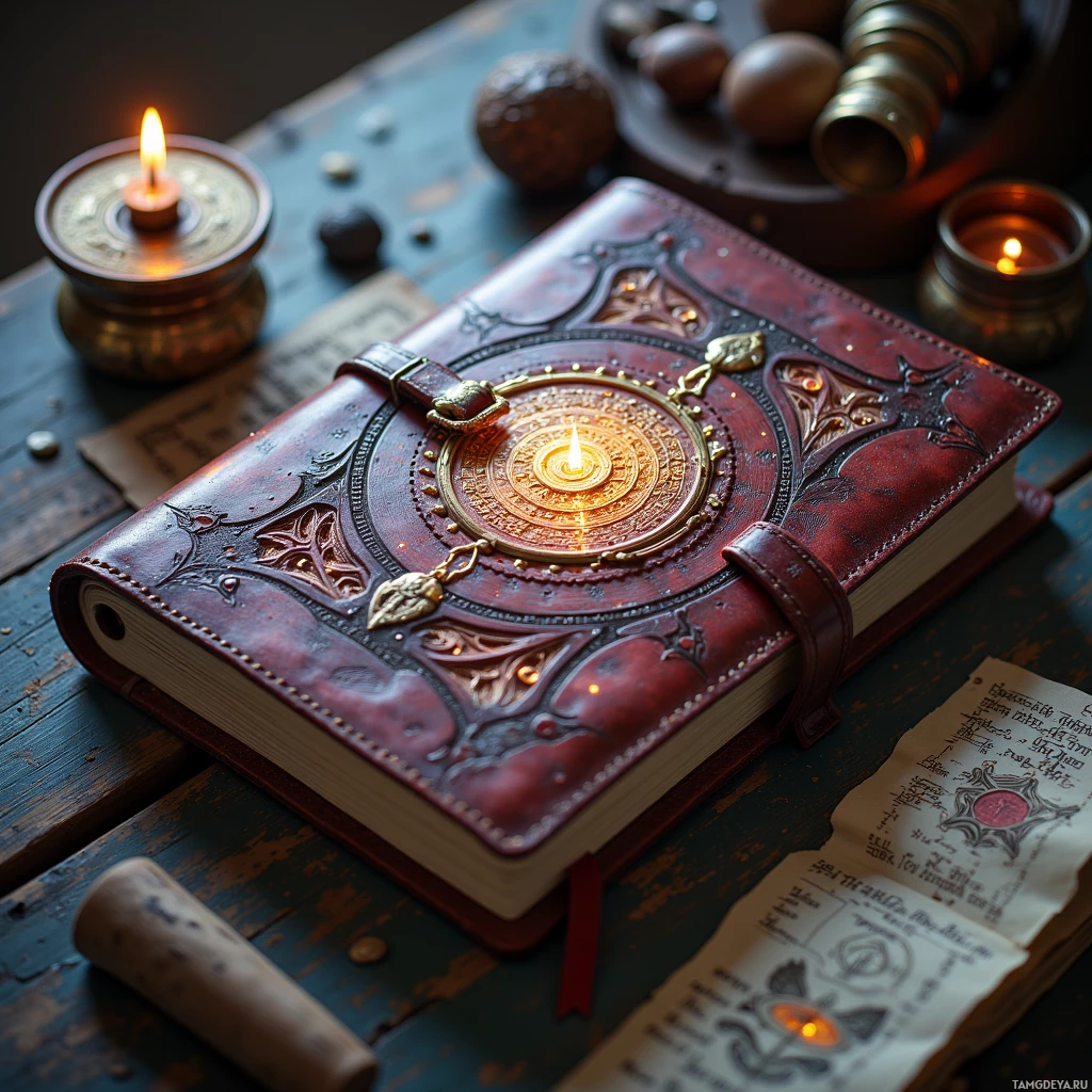 Semi-abstract image with many light, that is suitable for the post:  Hand‑stitched pocket‑size mahogany leather journal with a polished brass clasp, soft linen lining, and paper pages that shimmer with hidden glyphs, intricate stitching visible along the edges.