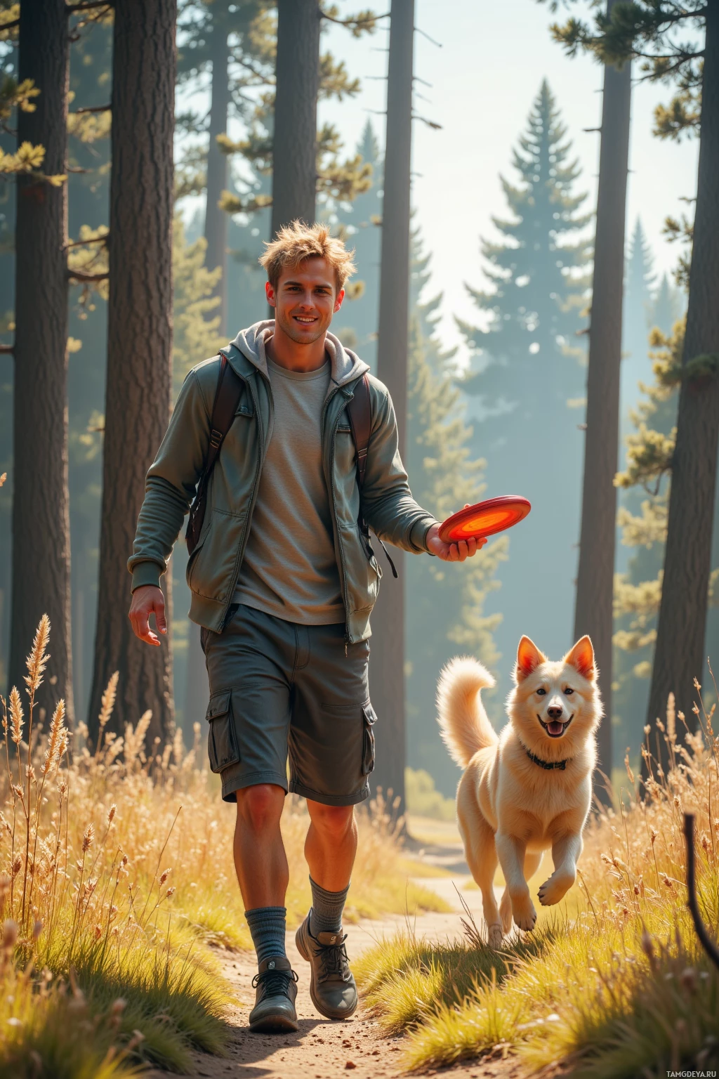 Realistic high quality photo. Tall athletic man, 28, messy blonde hair, bright blue eyes, warm sun‑kissed golden skin, friendly face, wearing a comfortable hoodie and baseball cap, tossing a frisbee to a lively dog sprinting across a sunny pine meadow trail at midday, sunlight filtering through tall trees and wind stirring the grass.