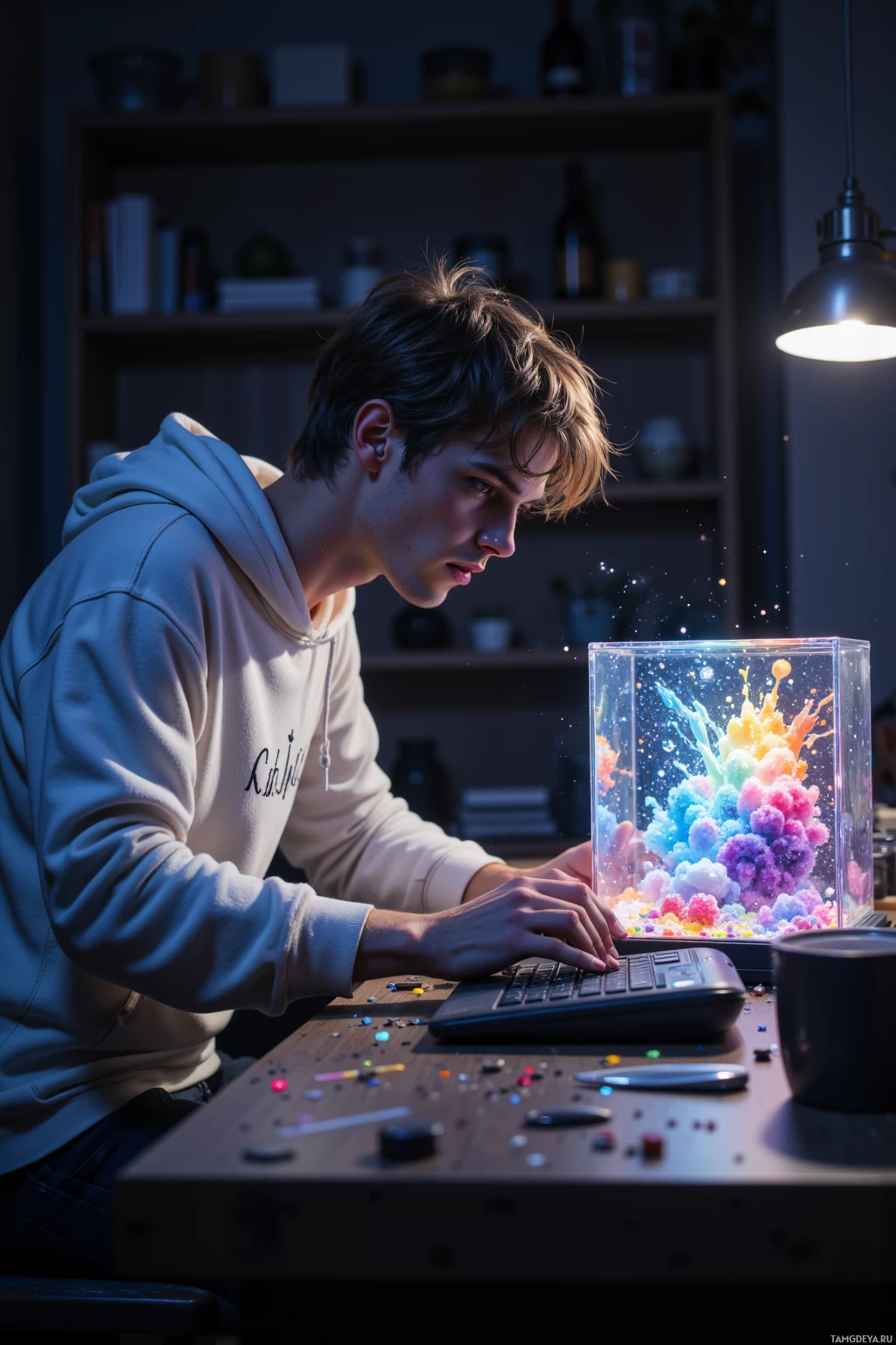Realistic high quality photo. 28‑year‑old male with messy light brown hair, blue eyes, pale skin, wearing a loose white hoodie with abstract ink splatters, hunched over a dim studio workbench at night, adjusting colors on a computer while a glass cube containing an abstract cosmos glows faintly under a warm lamp.