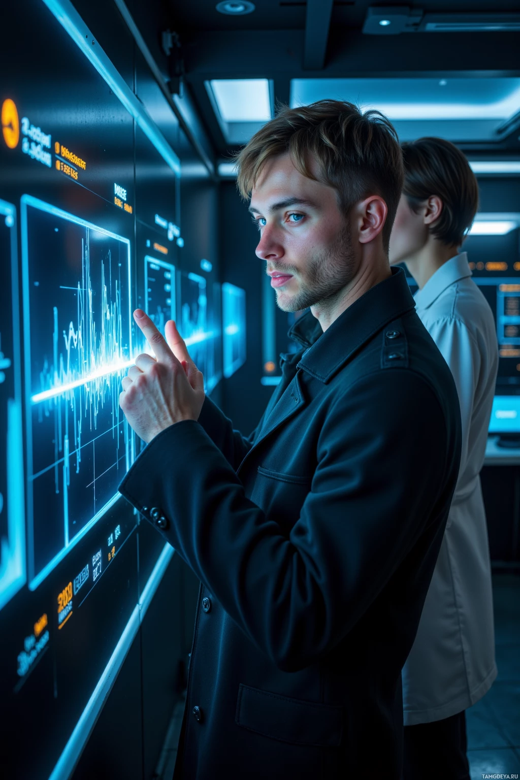 Realistic high quality photo. A 30‑year‑old male scientist with short light brown hair, sharp angular features, pale skin, vivid blue eyes including a cybernetic eye, wearing a sleek black trench coat, standing in a dimly lit futuristic control room aligning a spectro‑array, his face illuminated by a blue holographic display of emission lines that pulse rhythmically, a subtle smile on his lips while a colleague with dark hair in a lab coat observes, evening shift lighting.