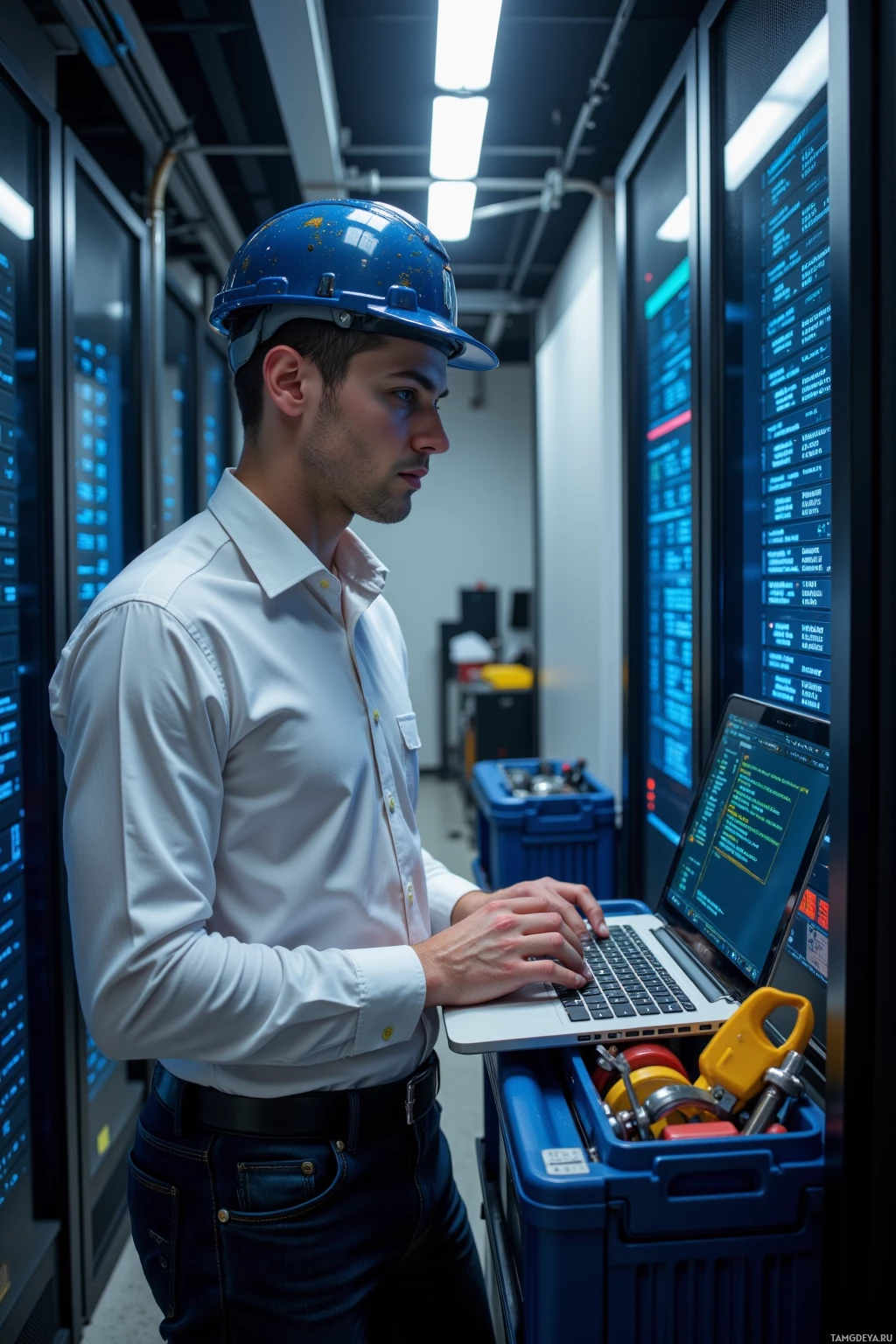 Realistic high quality photo. A 34‑year‑old man with short dark brown hair, blue eyes, clean‑shaven face wearing a white shirt, dark pants and a hard hat, standing in a modern server room under bright overhead lights, intently typing on a laptop displaying log files with highlighted regex patterns while surrounded by humming server racks and a neatly organized toolbox beside him, exuding focused efficiency.