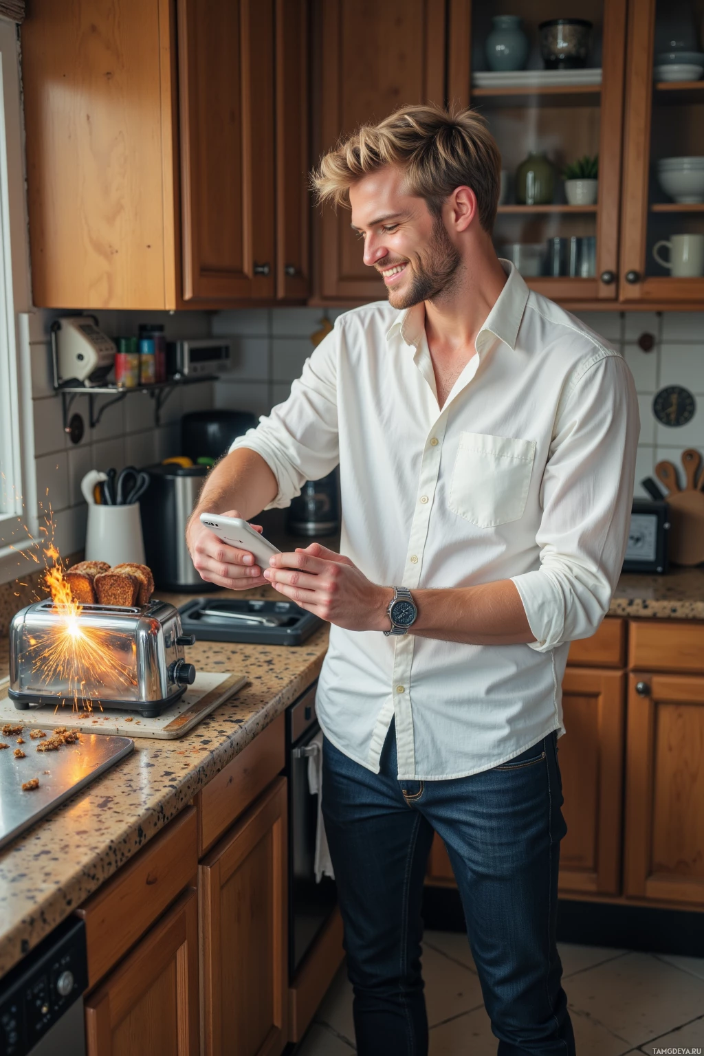Realistic high quality photo. A 24‑year‑old man with short tousled blonde hair and blue eyes, wearing a crisp white shirt untucked over dark slim jeans and white sneakers, stands in a cluttered kitchen with a smoking toaster and charred toast on the counter, holding his phone that shows five sketches, laughing while sparks fly from the toaster.