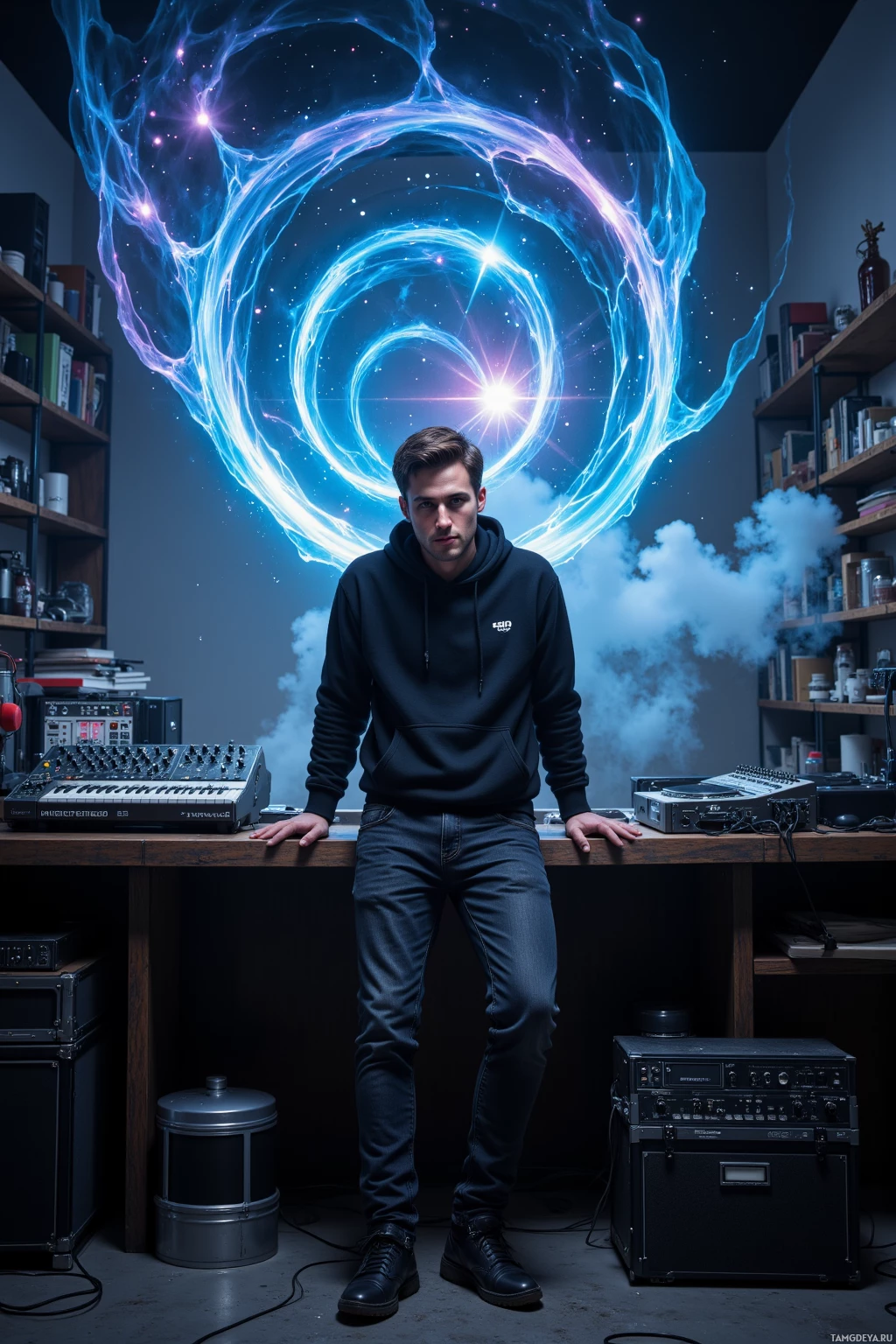 Realistic high quality photo. A 29‑year‑old man with short dark brown hair, blue eyes, fair skin, wearing a black hoodie, dark jeans, and sneakers, leans casually over an analog synth in a dim futuristic lab illuminated by a glowing vinyl setup and misty fog, while rippling holographic waves of a cosmic guitar riff pulse outward toward a neighboring Martian colony’s living room, his relaxed yet stubborn expression reflecting his free‑spirited creative energy.