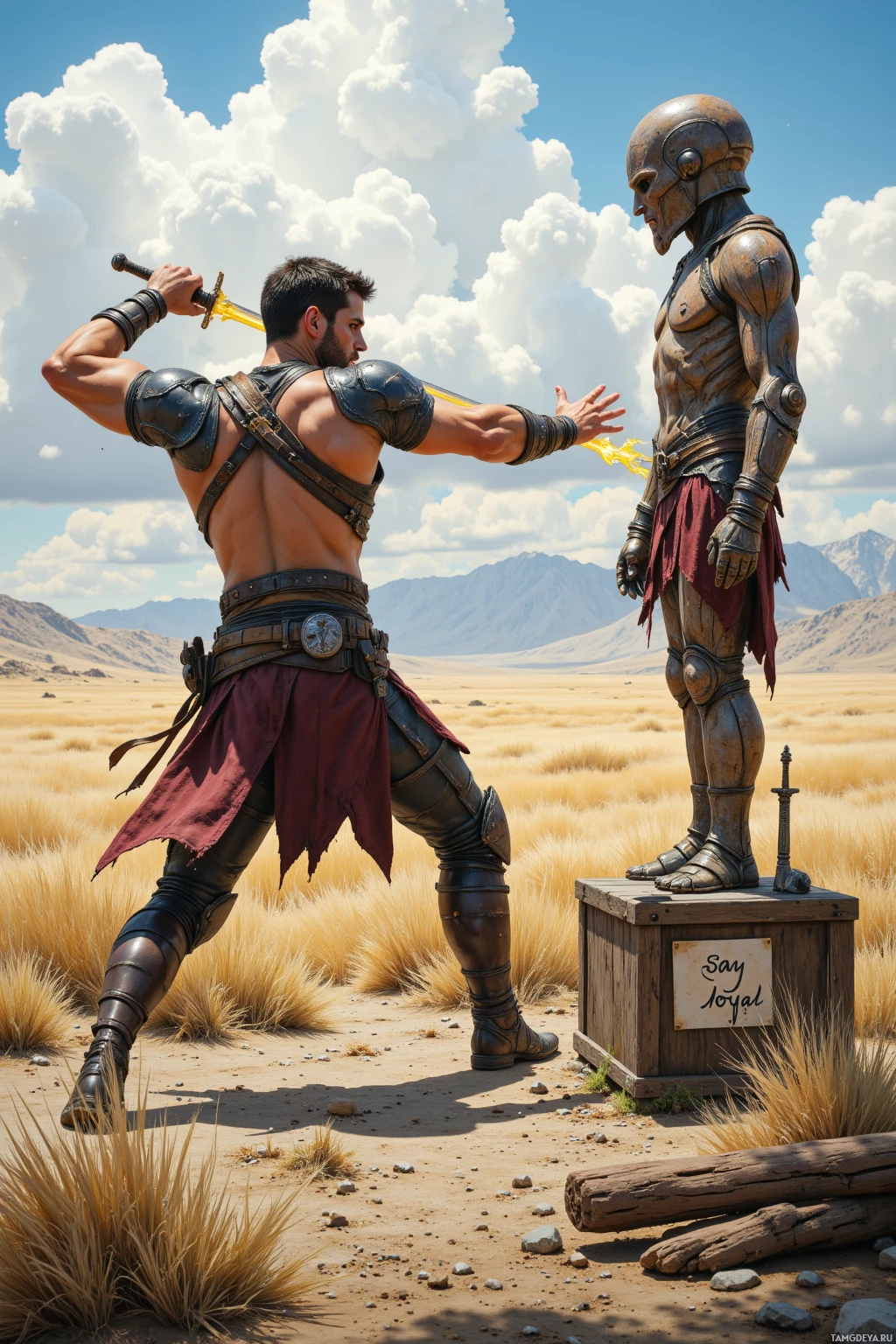 Realistic high quality photo. A muscular dark‑haired male warrior in worn leather armor practices a duel against a wooden training dummy on an open field under bright sunlight, wind swirling around him as he swings a glowing lightning‑forged blade, with a small shrine beside him holding a weathered sword and a handwritten note 'Stay loyal', all rendered in vivid fantasy style.