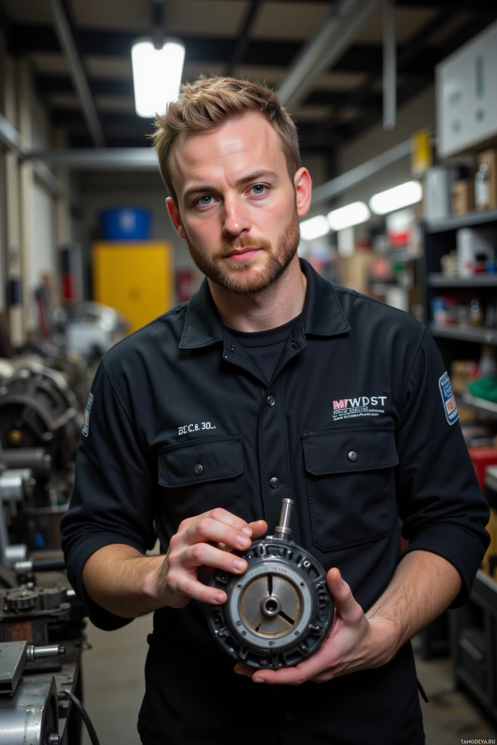 Realistic high quality photo. Man, 30, short blonde hair, bright blue eyes, neat beard, clean black mechanic jumpsuit, in a cluttered auto repair shop holding a micrometer to a clutch assembly, surrounded by metal gears, tools, and a humming transmission, focused and meticulous, evening light from overhead bulb.
