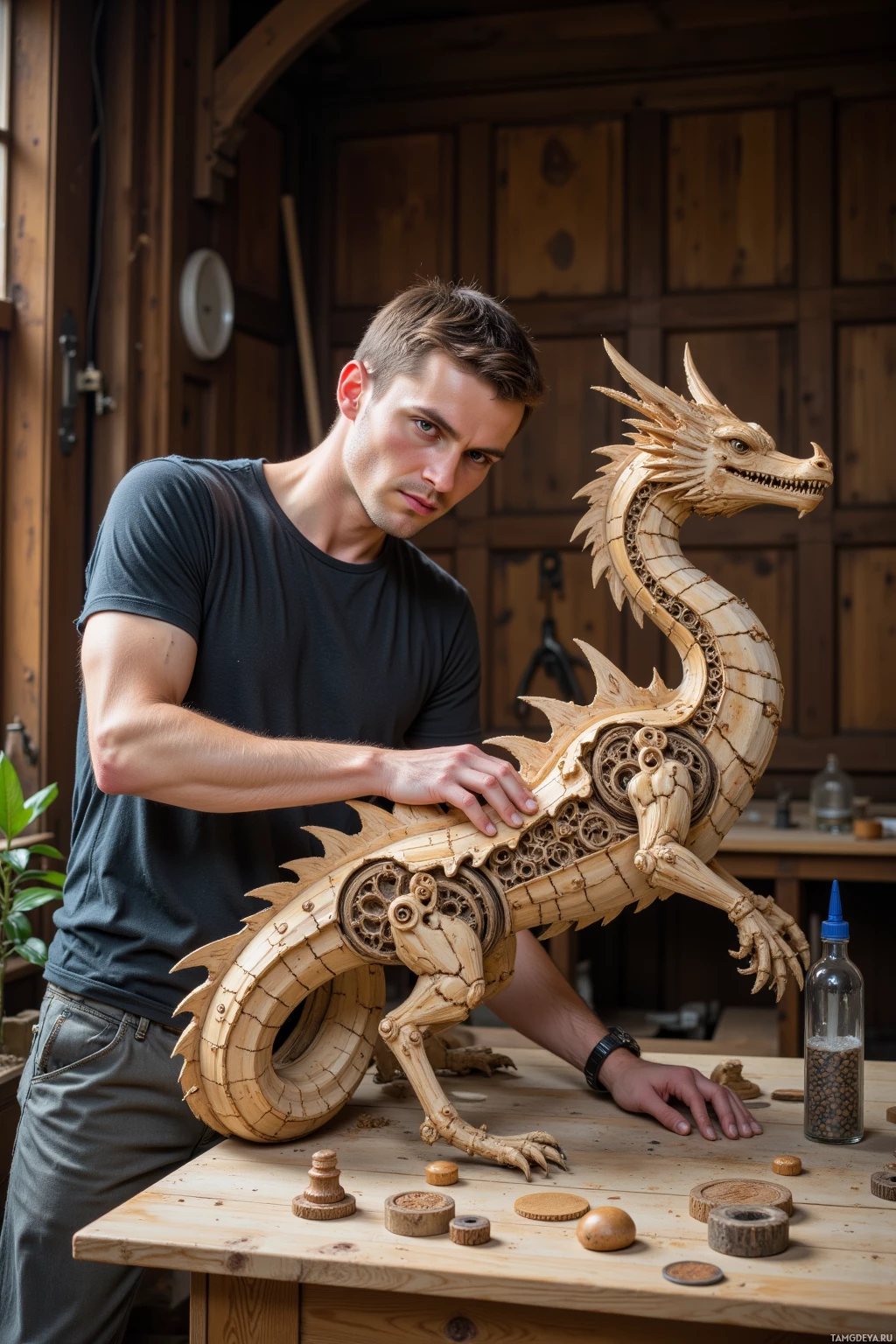 Realistic high quality photo. A 32‑year‑old man with short brown hair, blue eyes and a fitted medieval‑style T‑shirt, his pale skin glistening in workshop light, stands surrounded by misaligned gears, a glass bottle of drying glue hissing gently, oak panel walls, intently sanding the fragile reclaimed‑timber dragon sculpture he’s built—his ironic grin reflecting obsessive precision while 17 extra joints hint at delicate craftsmanship.
