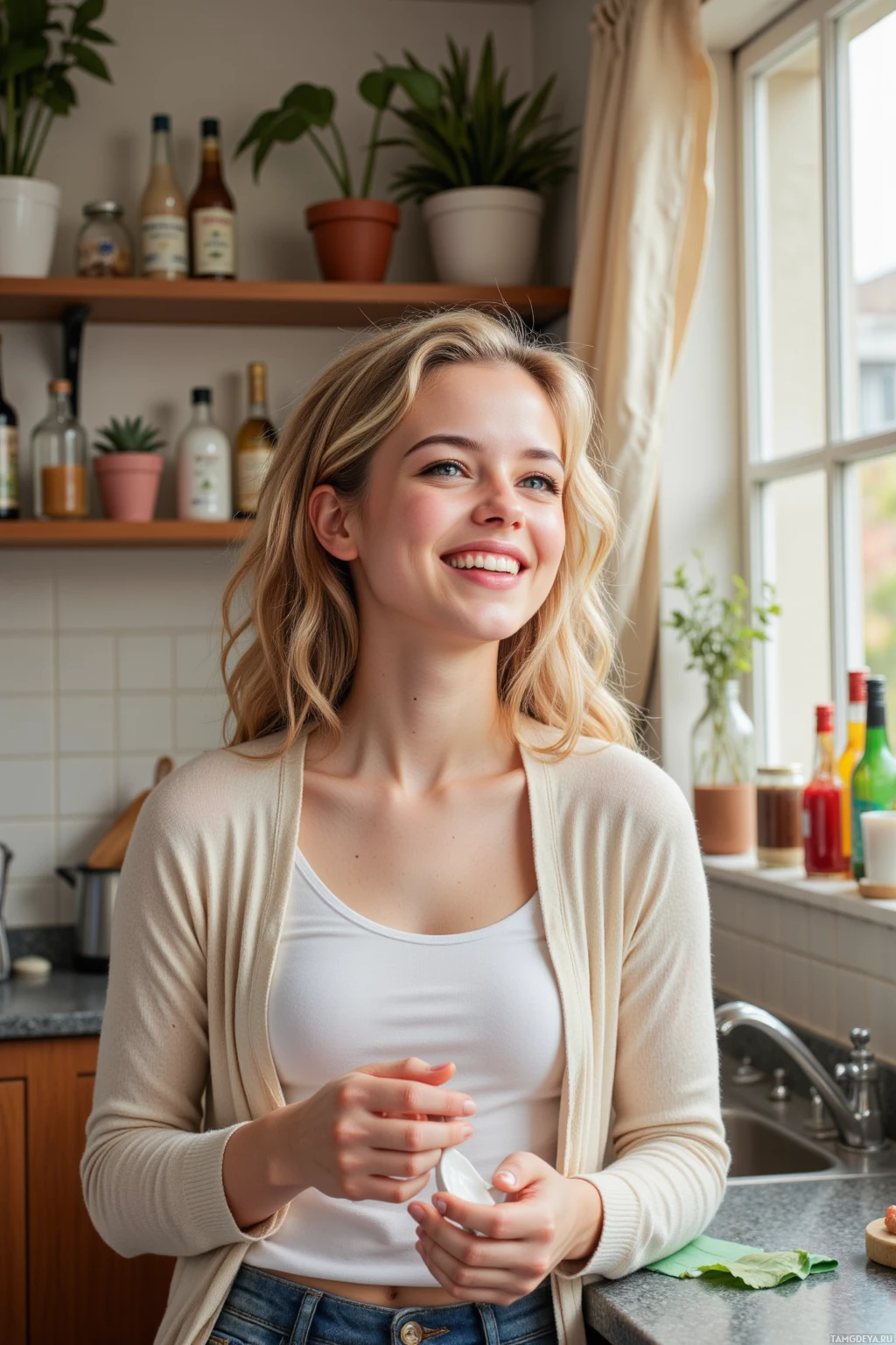 Realistic high quality photo. A 32‑year‑old woman with pale skin, green eyes, blonde curly hair, wearing a soft pastel cardigan and relaxed jeans, laughing in her sunlit kitchen as afternoon light spills across a plain spoon, while a stranger smiles in a nearby grocery aisle, reflecting gentle resilience and caring.