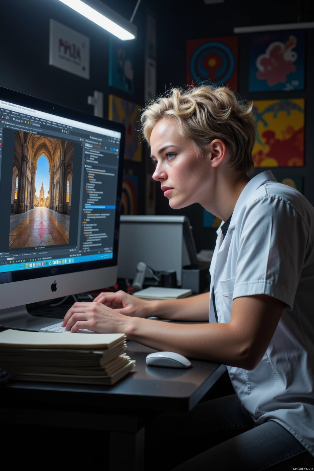 Realistic high quality photo. 40‑year‑old woman with short curly blonde hair and bright blue eyes, wearing a white lab coat over a black t‑shirt and gray jeans, hunched at a desk in a dimly lit digital modeling studio, intensely focused on a computer screen showing a cathedral floor mesh with one misaligned vertex highlighted, surrounded by stacks of obsolete texture files and an open code editor filled with stern comments about low‑resolution uploads, her expression visibly frustrated as she scrolls through the file hierarchy.