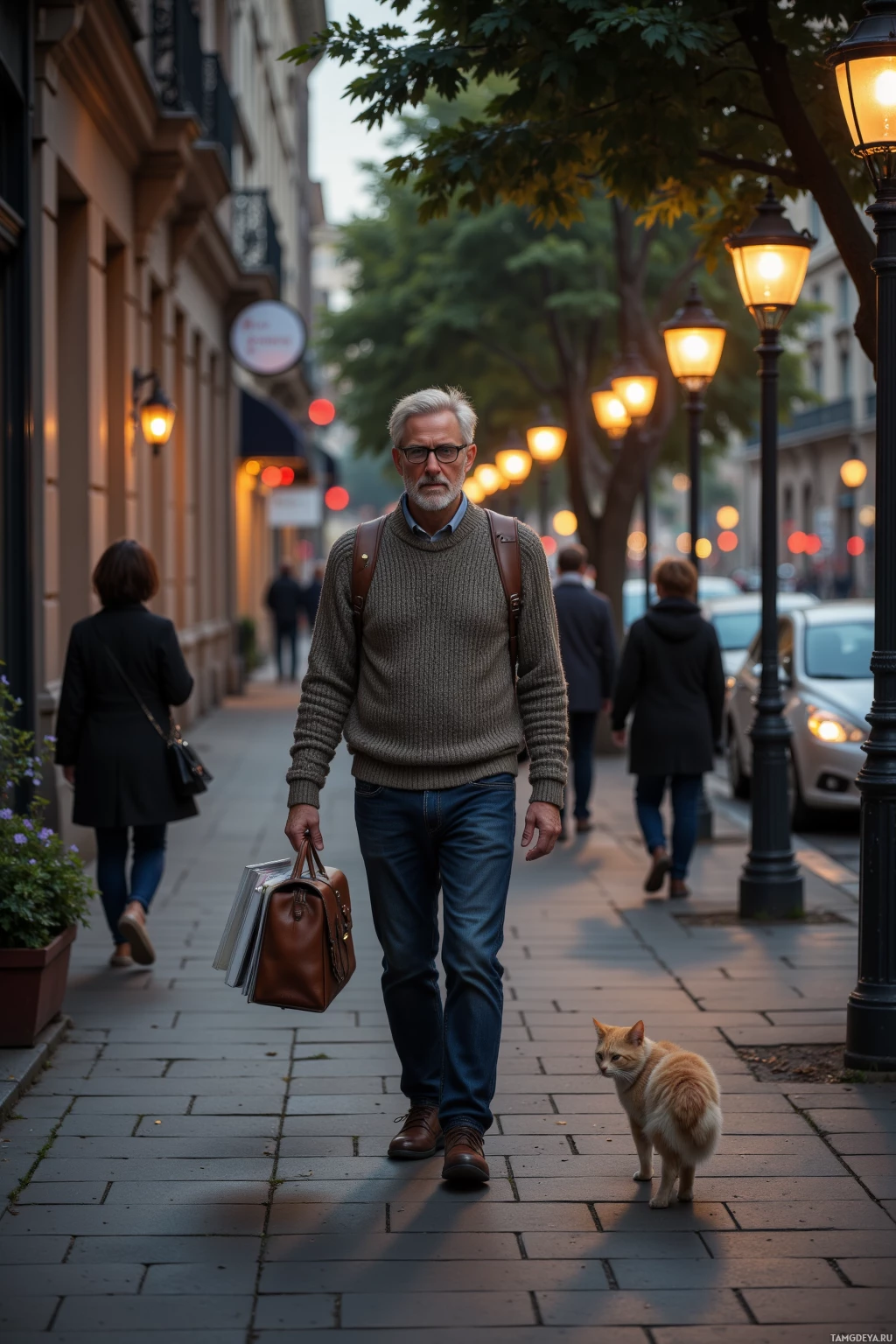 Realistic high quality photo. A 30‑year‑old man with light blonde hair and soft blue eyes, wearing a cozy muted sweater and round glasses, walks slowly along an evening‑lit city sidewalk carrying a paperback in his bag, glancing at a stray cat as lampposts cast warm glow on the pavement.