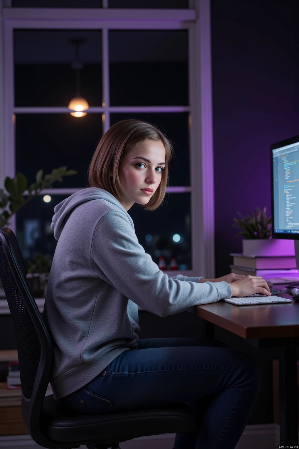 Realistic high quality photo. 26-year-old woman with a sleek light brown bob, green eyes, fair skin, wearing a gray hoodie and navy blue jeans, sits at a desk in a dimly lit home office at midnight, intently typing on a laptop whose screen emits a faint purple glow, surrounded by scattered programming books and a small plant, her expression focused and determined.