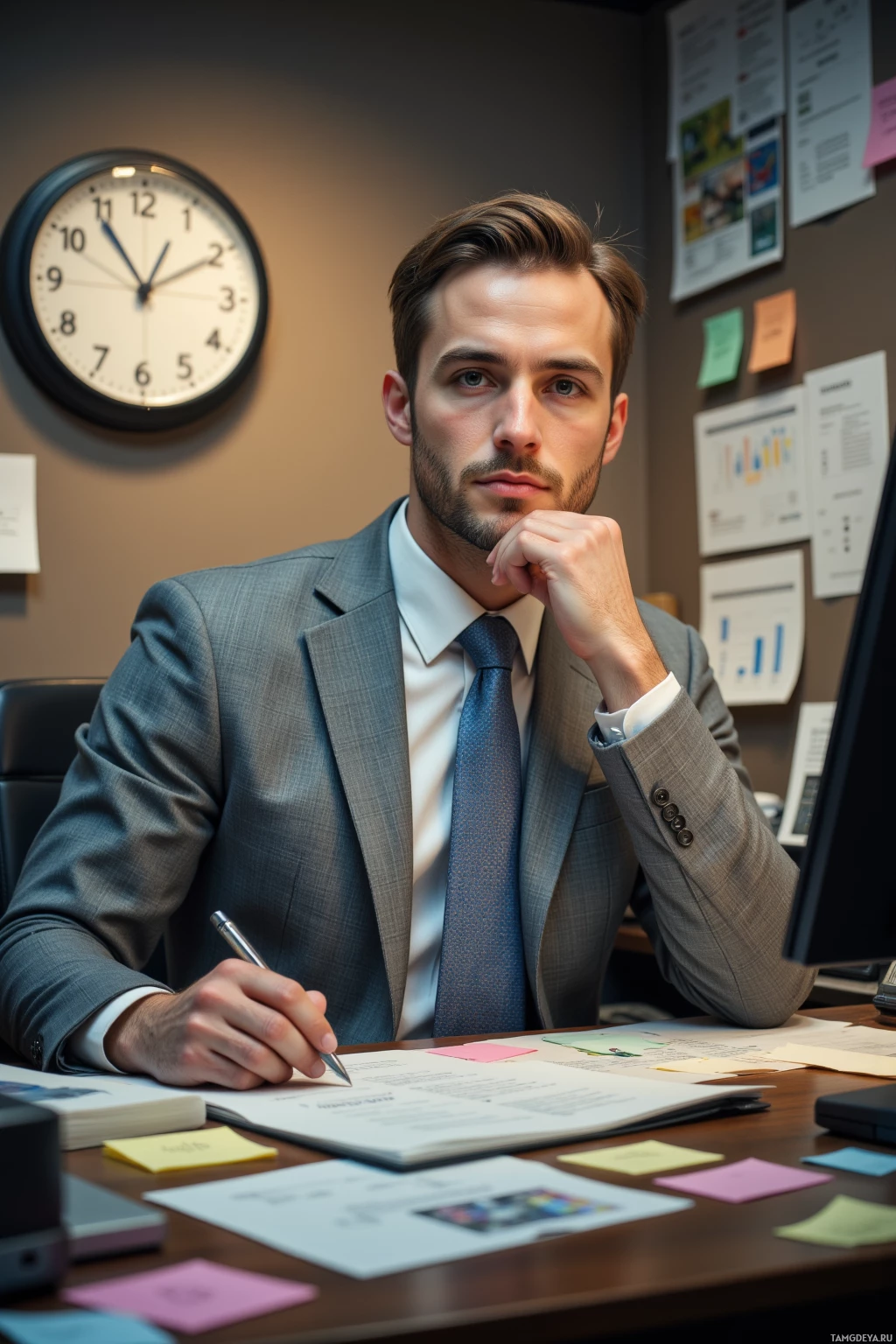 Realistic high quality photo. 30‑year‑old man with short light brown hair, piercing blue eyes, calm demeanor, wearing a tailored light grey suit, crisp white shirt, matching tie, sitting at a cluttered office desk strewn with Post‑It notes like a battlefield, an uncooperative printer beside him, a glowing monitor highlighting his freckles, setting a timer on a wall clock, surrounded by calendar pages and spreadsheets, midday office.