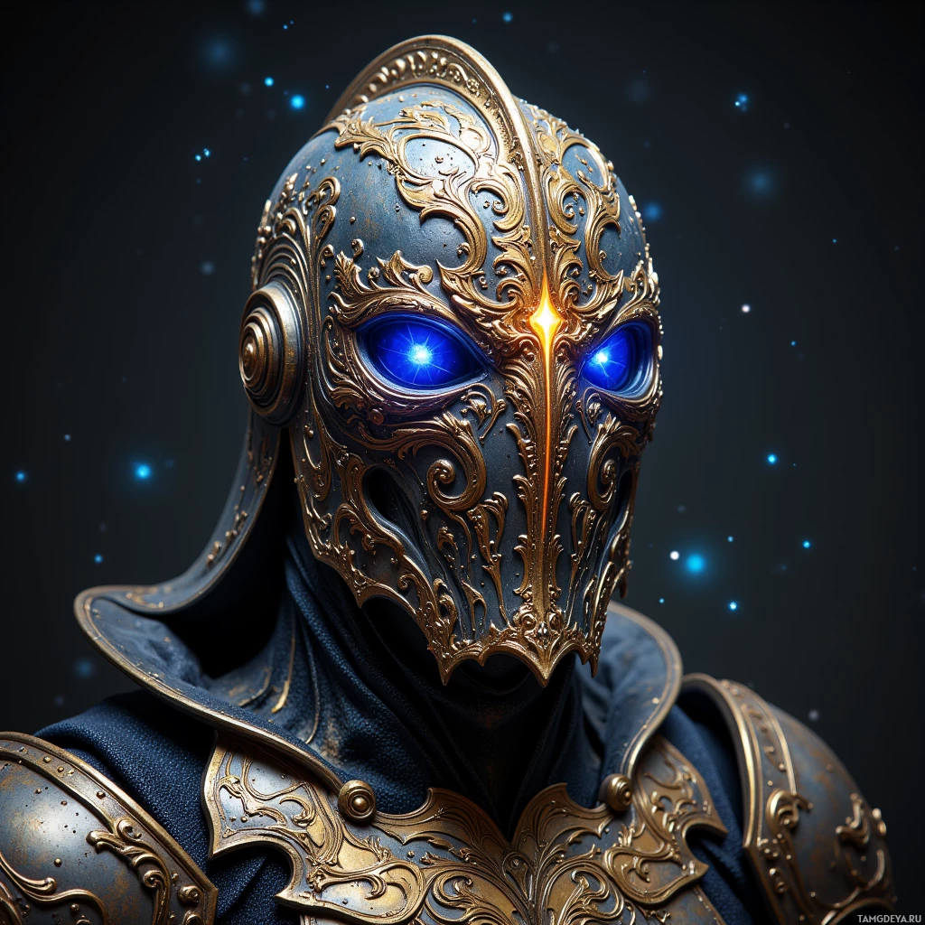Semi-abstract image with many light, that is suitable for the post:  bronze helm with pulsating starlight, visor etched with shifting celestial runes, intricate filigree that glows brighter, sleek curved crest and ornate details in subtle metallic sheen.
