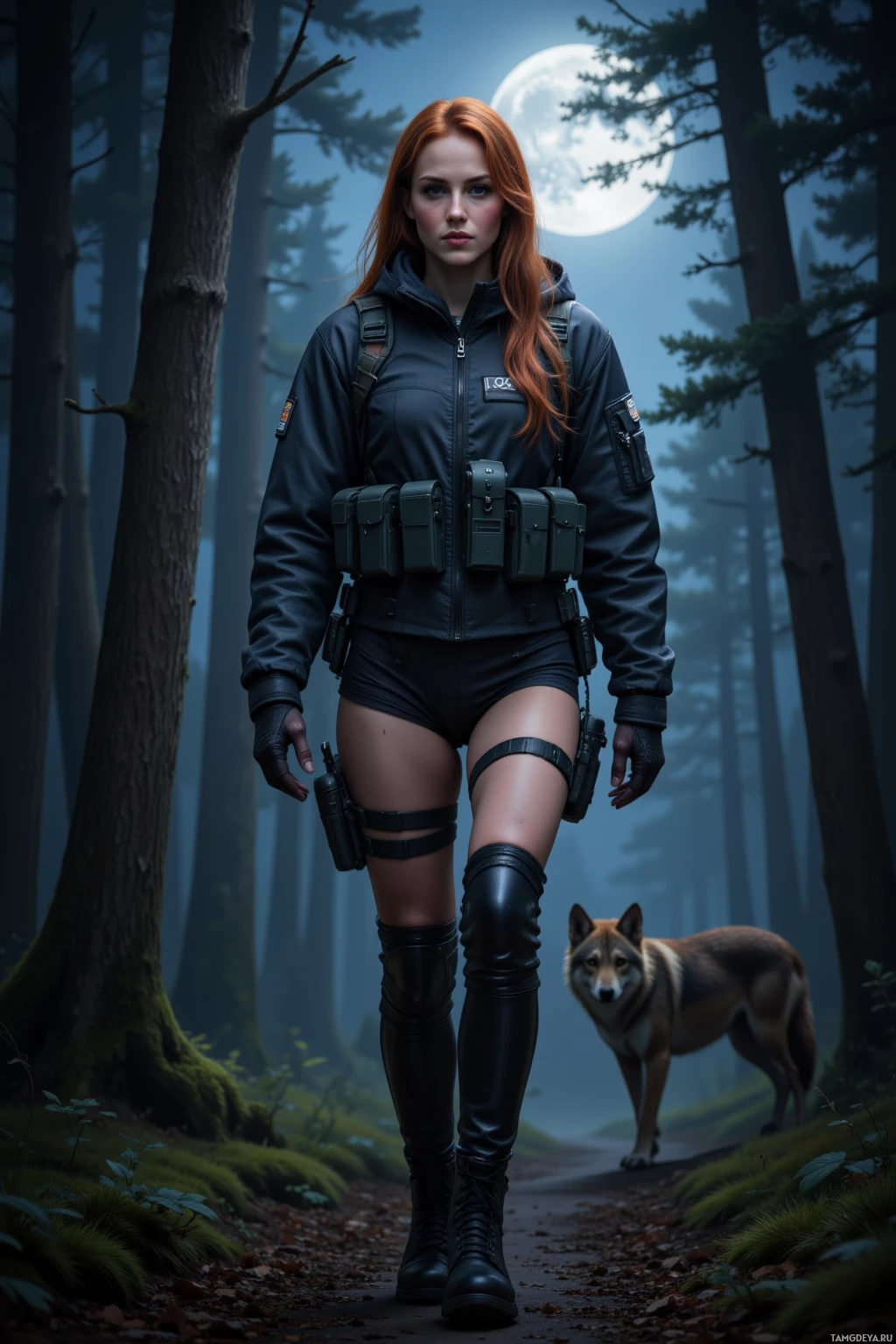 Realistic high quality photo. A woman, 28, athletic, sleek auburn hair, amber eyes, pale skin, wearing lightweight tactical gear with a utility belt and knee‑high boots, moves silently through a moonlit forest at night, her stance poised and precise, with a wolf silhouette lurking in the shadows.