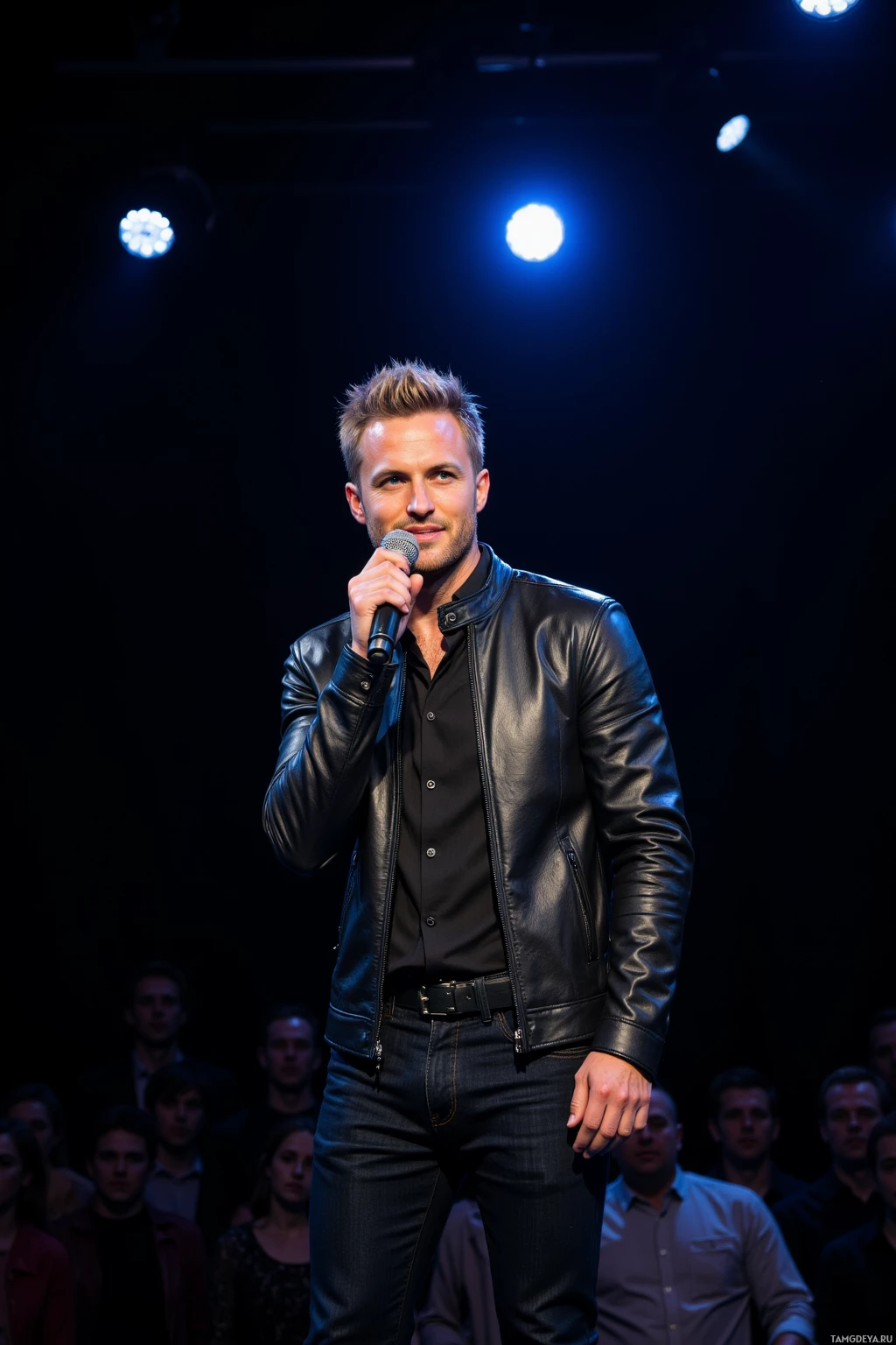 Realistic high quality photo. A 31‑year‑old male comedian with short blonde hair, piercing blue eyes, a mischievous grin, wearing a fitted leather jacket and dark jeans, stands on a dimly lit theater stage under a single spotlight holding a microphone, sweat glistening on his forehead as he delivers a sharp punchline to an expectant audience.
