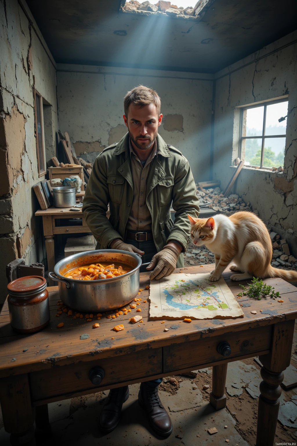 Realistic high quality photo. 35‑year‑old rugged man with short dark‑blonde hair and piercing blue eyes, wearing a weathered dusty trench coat, practical boots, and sturdy gloves, stirring a stew in a makeshift kitchen inside a collapsed shelter while a discerning cat perched on a wooden table sniffing herbs, as he sketches a revised supply route on a torn map beside an old ration jar, surrounded by cracked concrete walls and broken window light in a post‑apocalyptic setting.