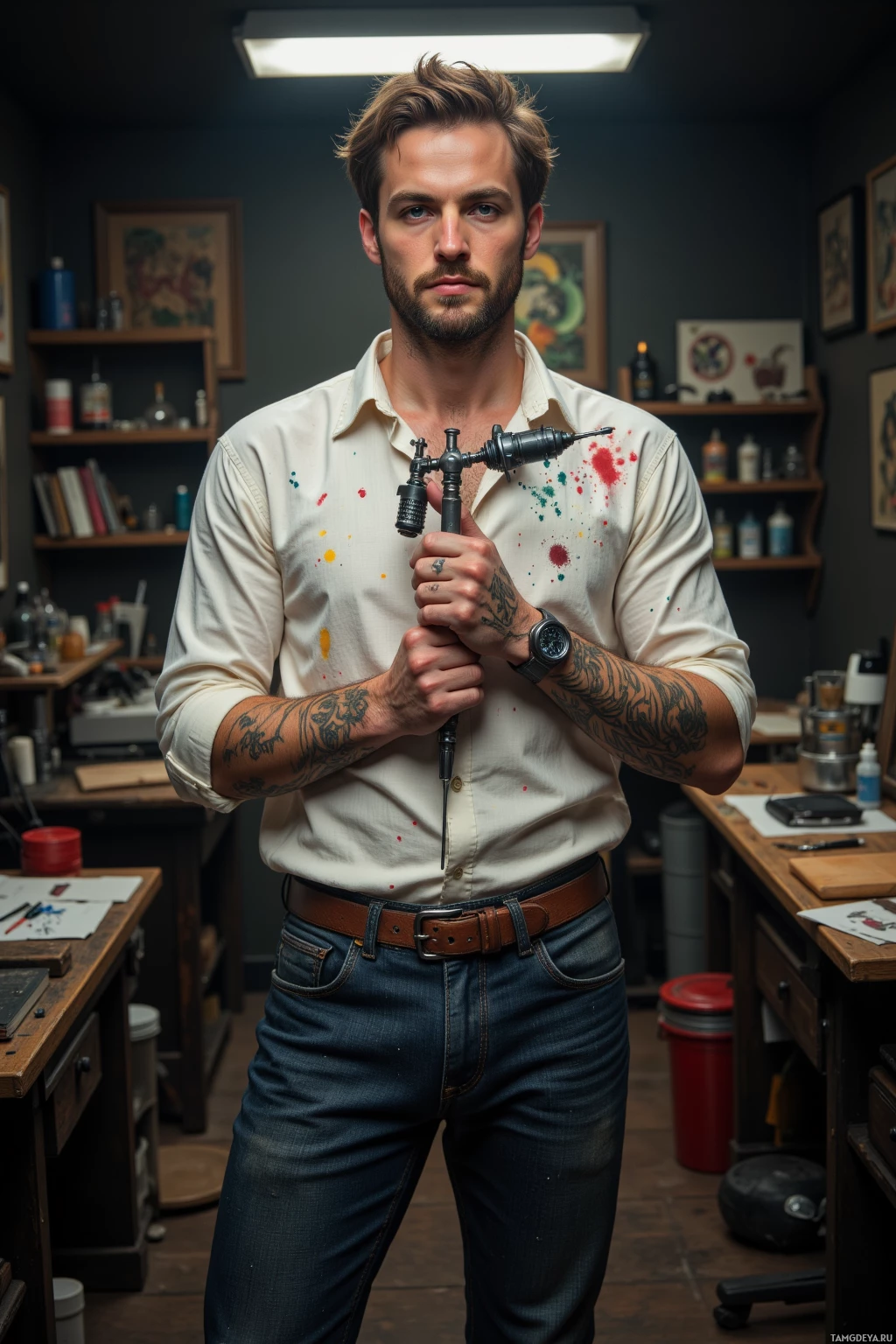 Realistic high quality photo. A 28‑year‑old man with light brown messy hair, blue‑green eyes, fair skin, wearing a paint‑splattered white shirt and dark jeans, standing in a dim tattoo studio surrounded by scattered needles and ink bottles, holding a spinning kinetic sculpture made from an old injection set that whirls like a heartbeat and emits a faint whistle.